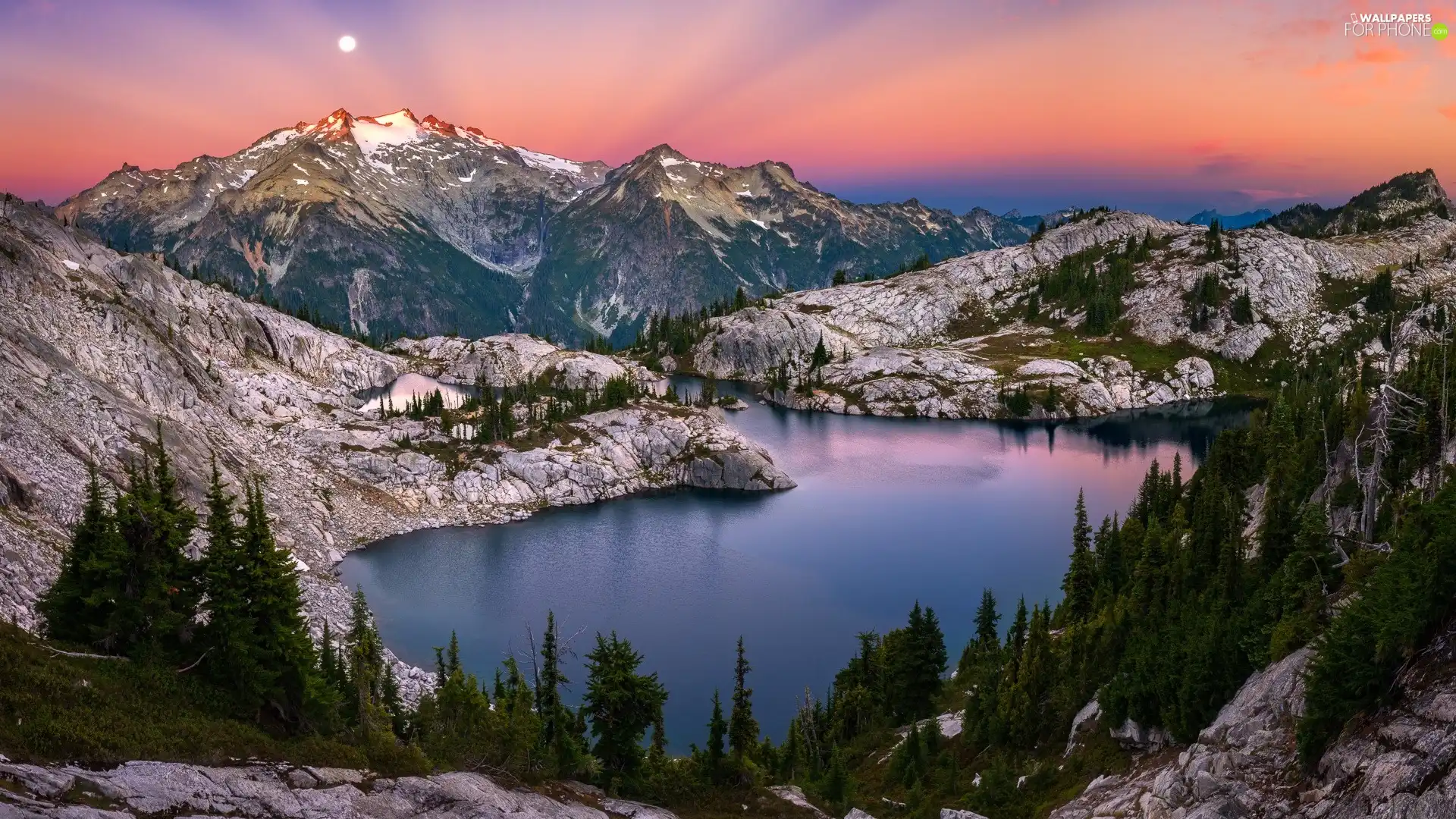 trees, Mountains, moon, Great Sunsets, viewes, lake
