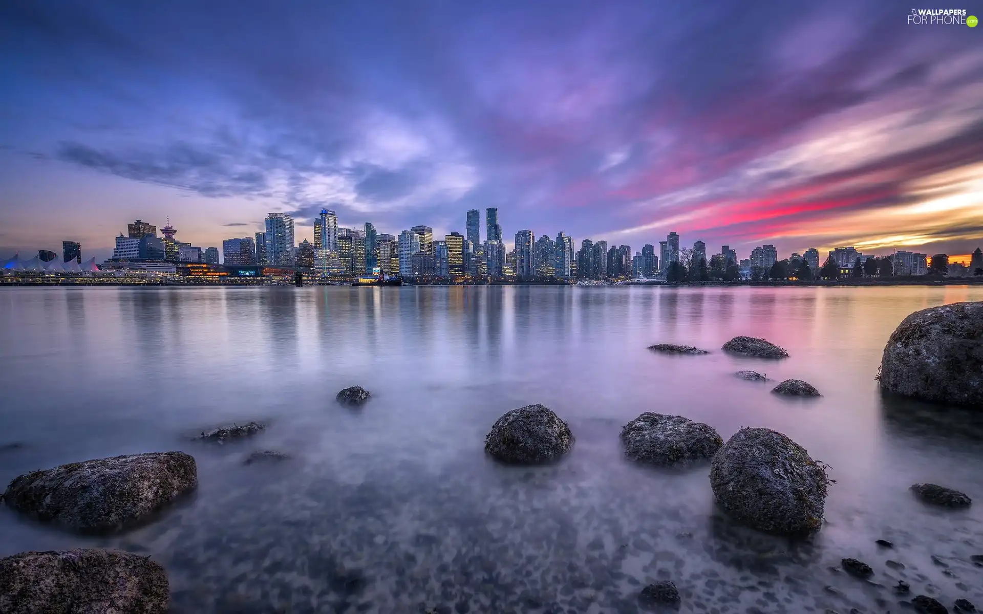 skyscrapers, Fraser River, Province of British Columbia, Stones, Vancouver, Great Sunsets, Canada