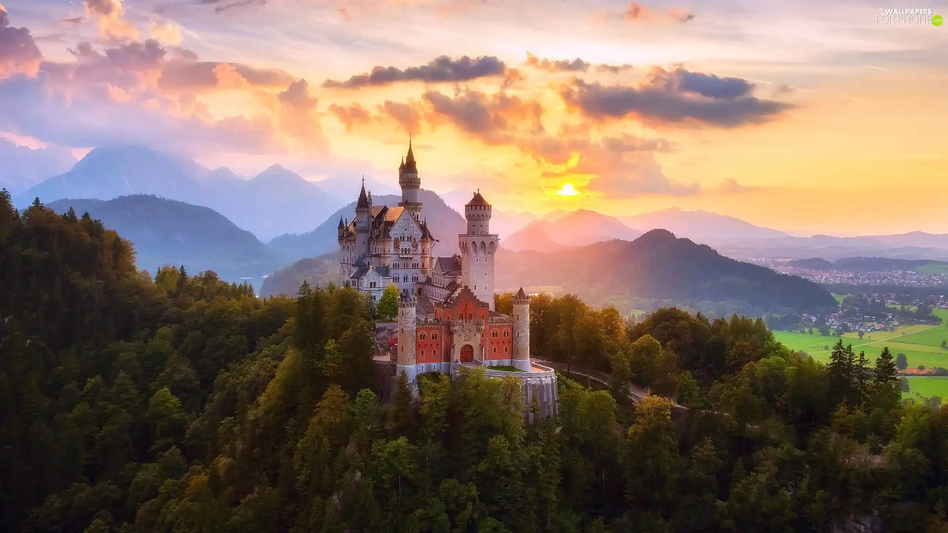 Bavaria, Germany, Neuschwanstein Castle, Fog, clouds, Great Sunsets, trees, viewes, forest