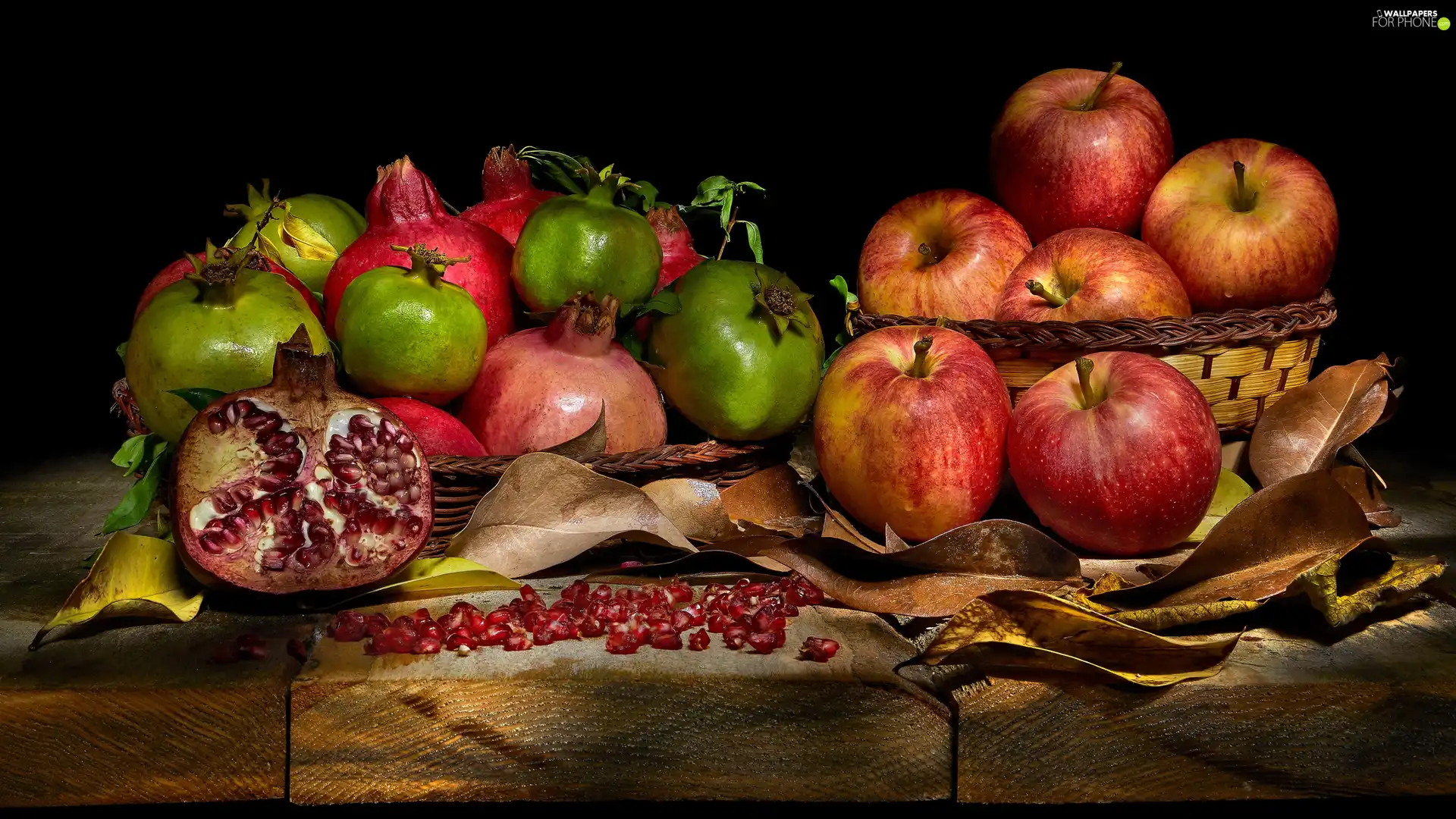Cage, apples, Black, grenades, Fruits, Leaf, background