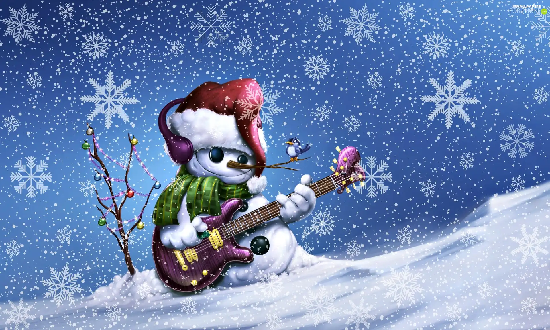 Snowman, Stars, christmas, Guitar