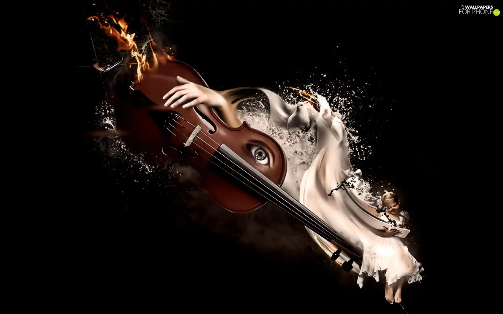 hand, eye, violin, girl, burning