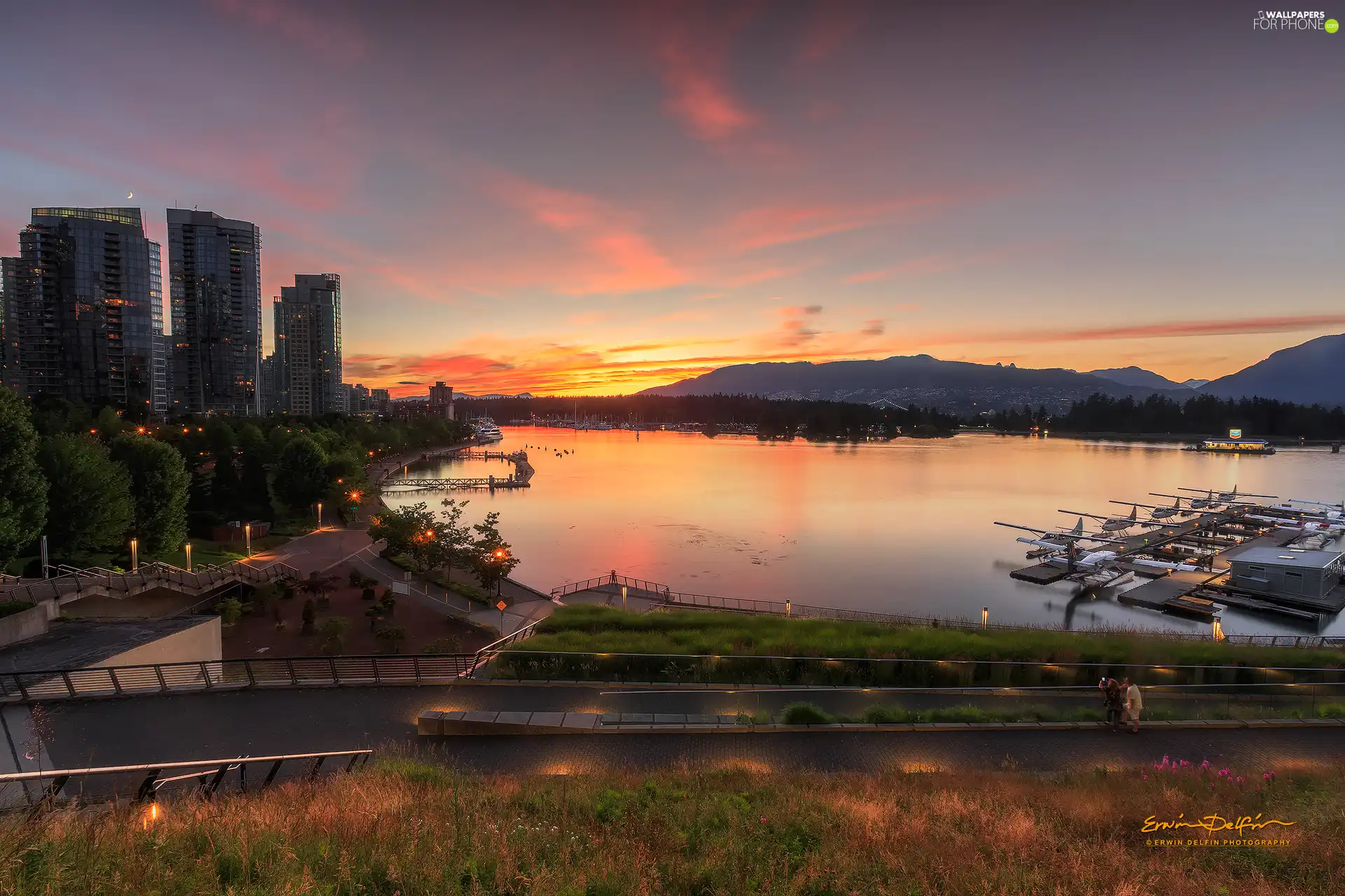 Harbour, Gulf, Coal Harbour, viewes, trees, Vancouver, clouds, Sailboats, Canada, Sunrise, Mountains, skyscrapers