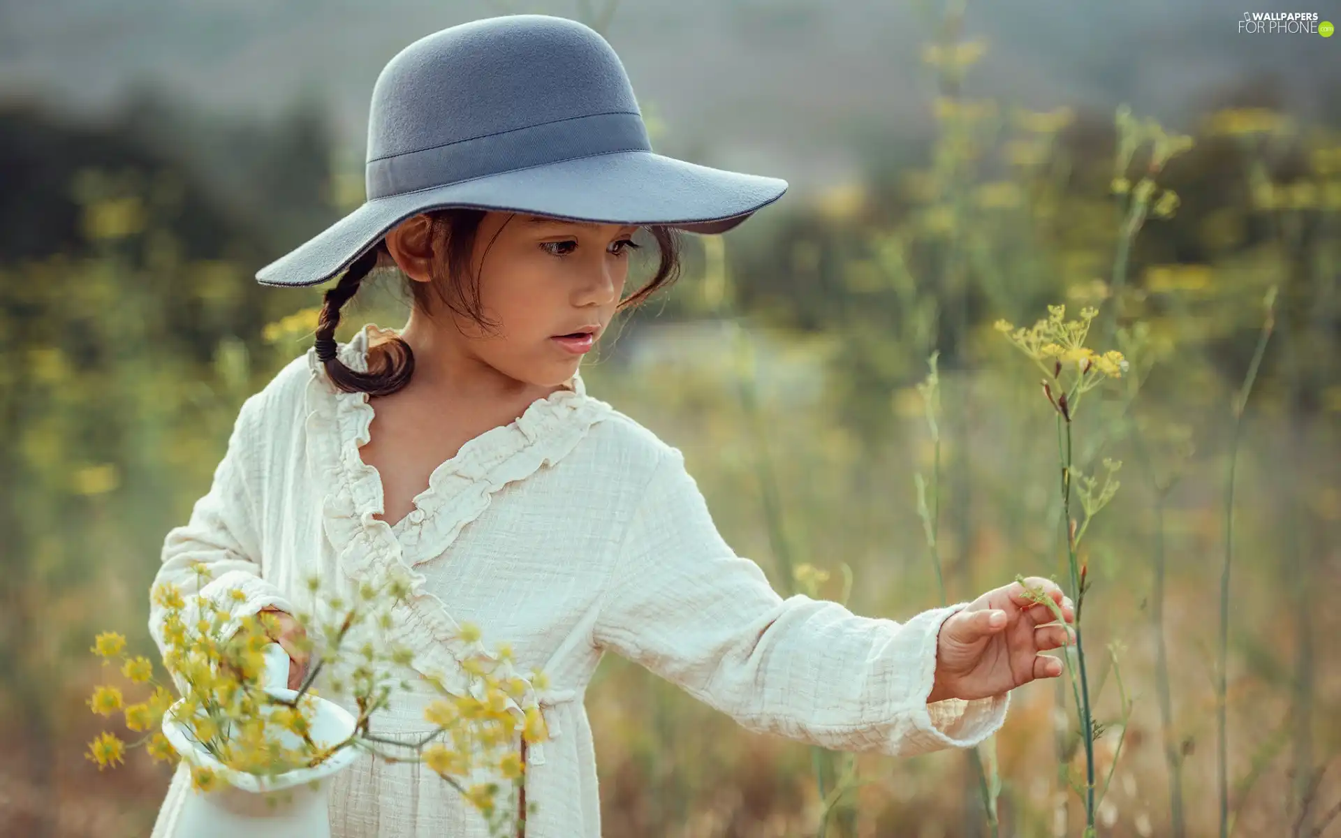 girl, Flowers, Meadow, Hat