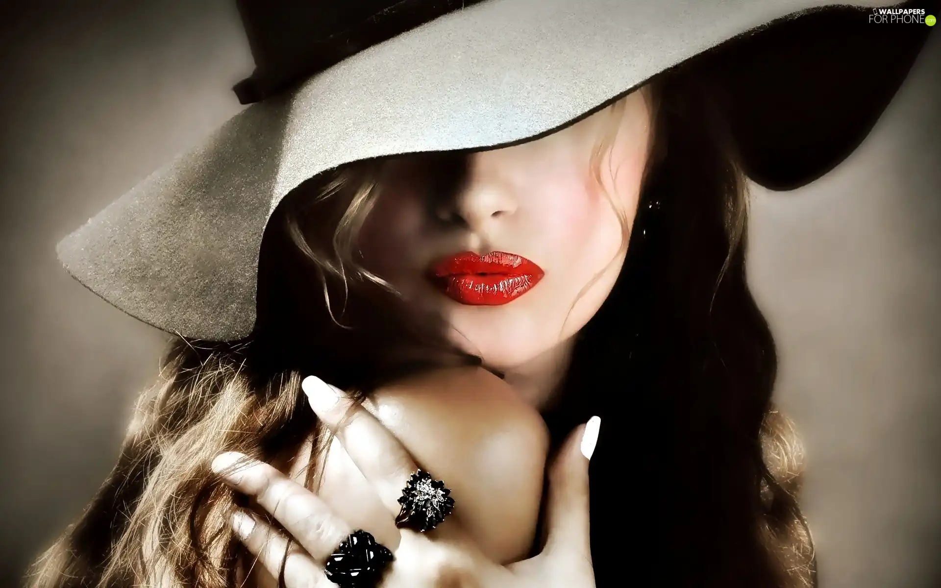 Hat, rings, painted, lips, Women