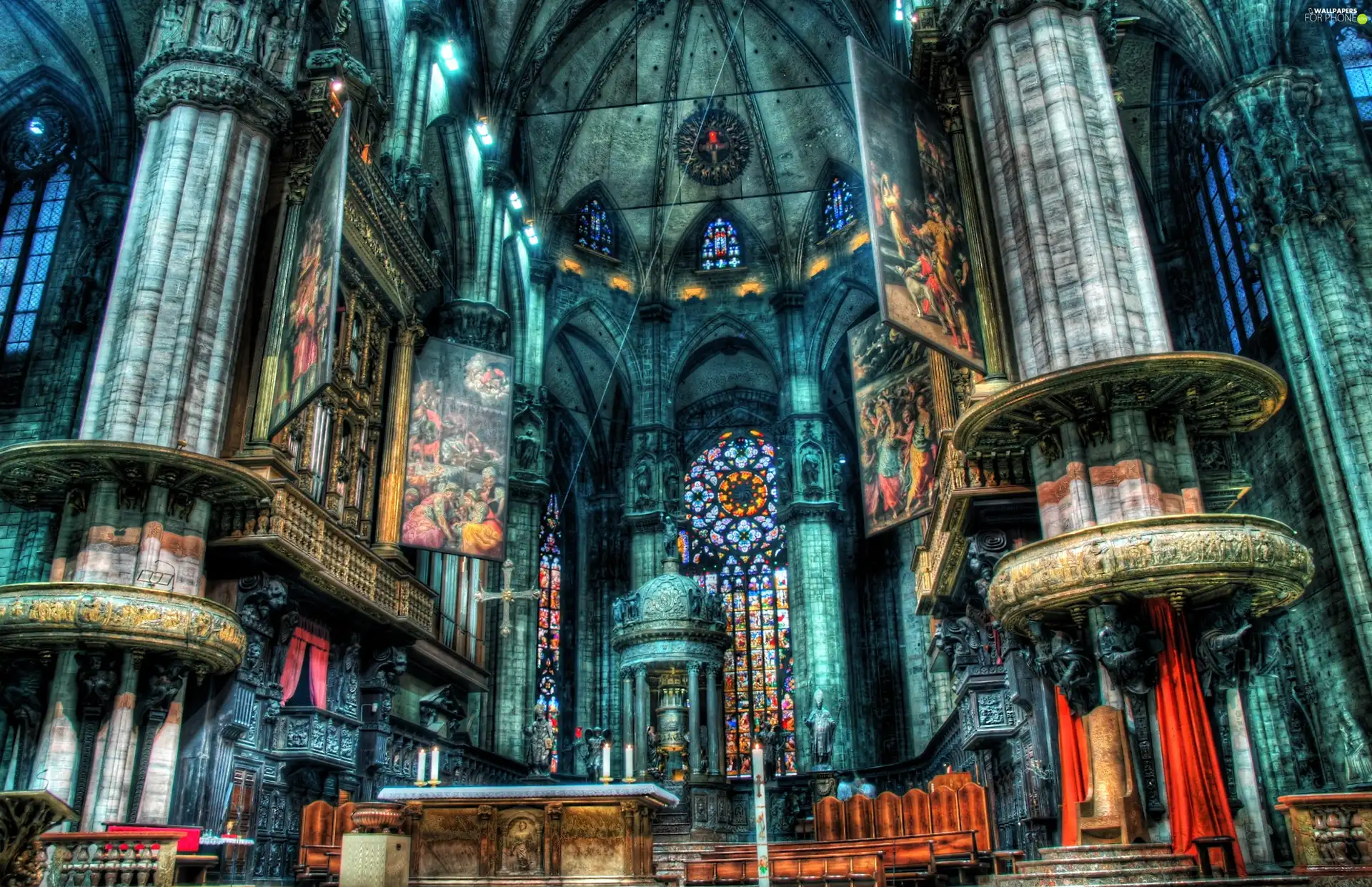 altar, chair, HDR, stained glass