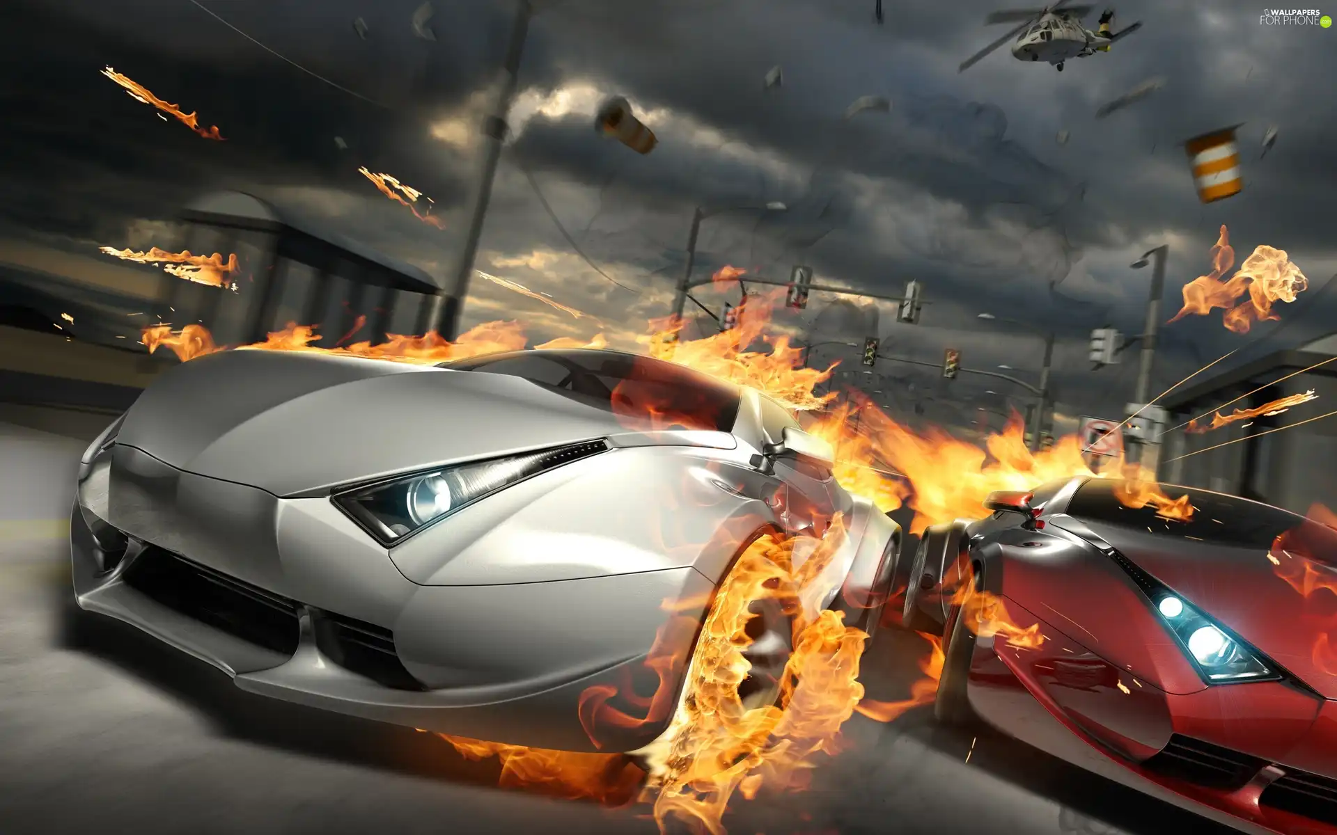 Helicopter, cars, Flames