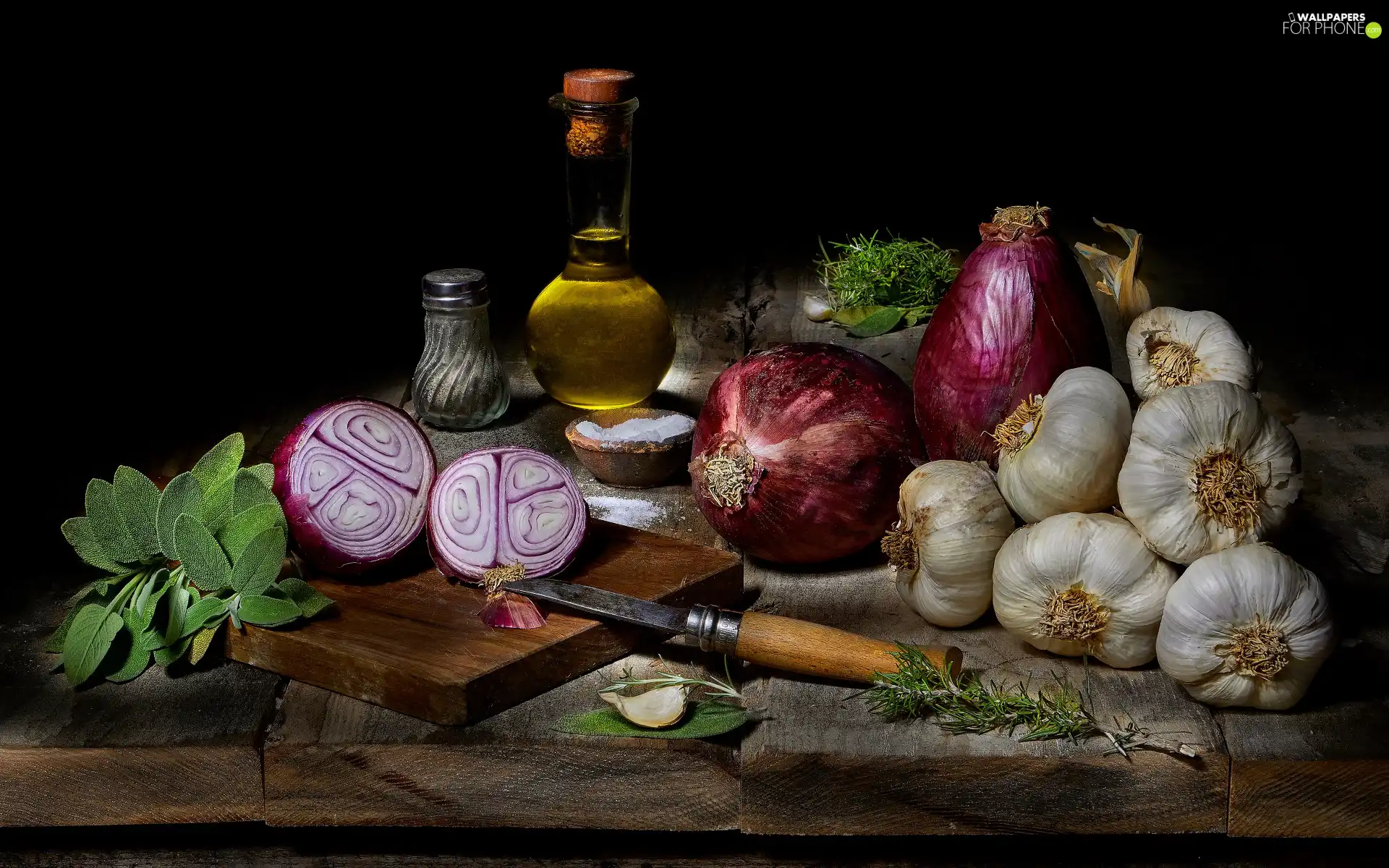 Herbs, onion, oil, knife, pepper, vegetables, garlic, composition, board, salt