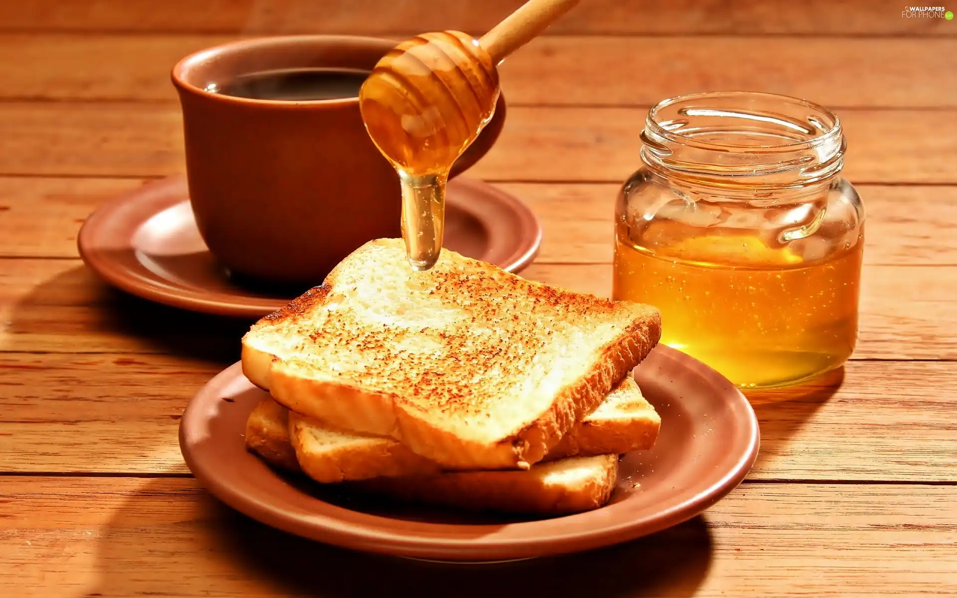 honey, coffee, toast