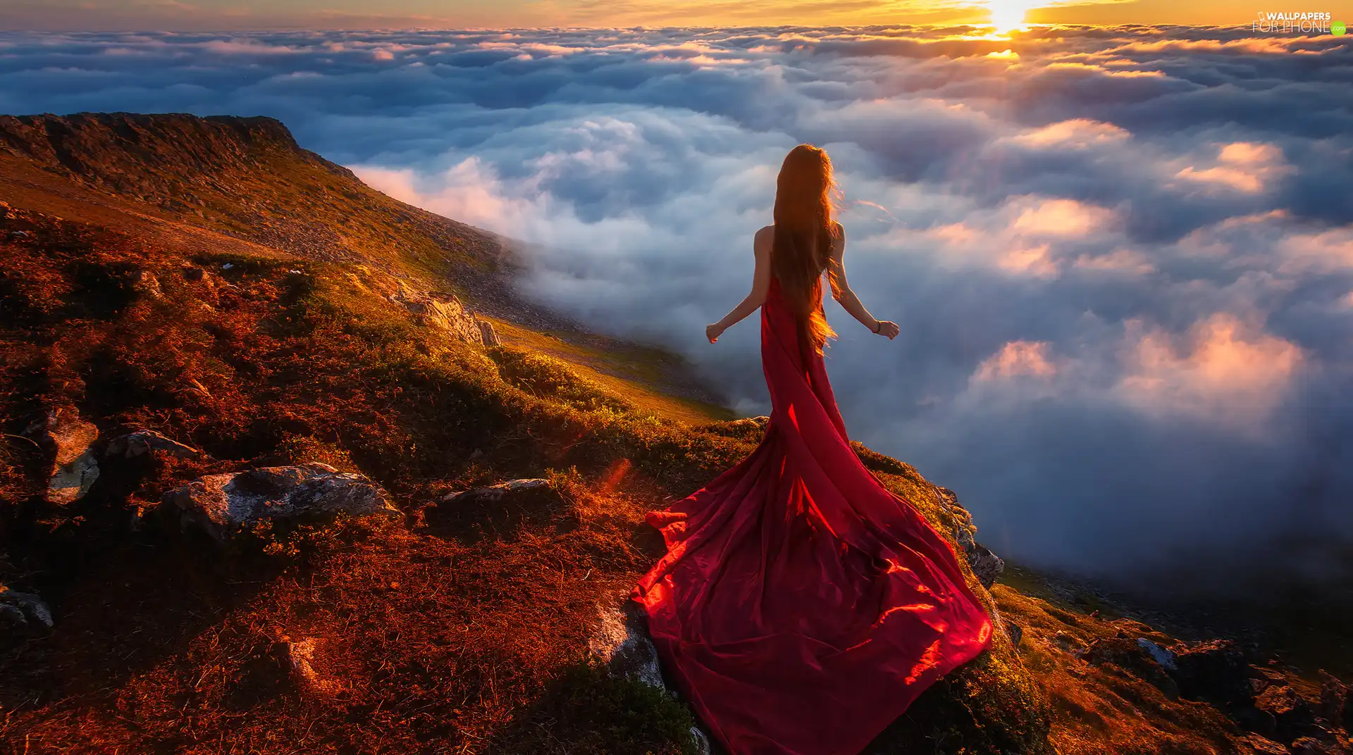 Dress, girl, clouds, rays of the Sun, Mountains, red hot