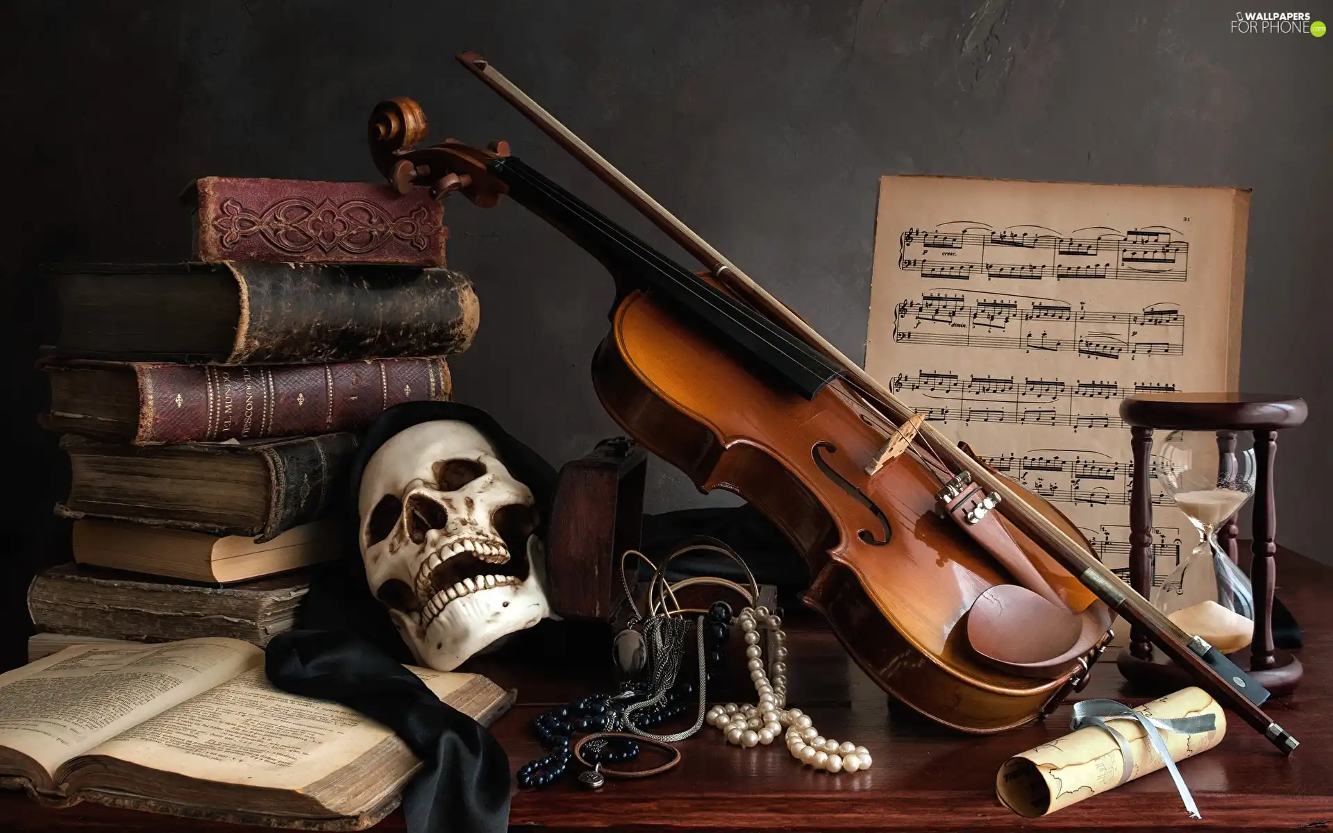 Books, skull, Tunes, hourglass, composition, violin, chaplet