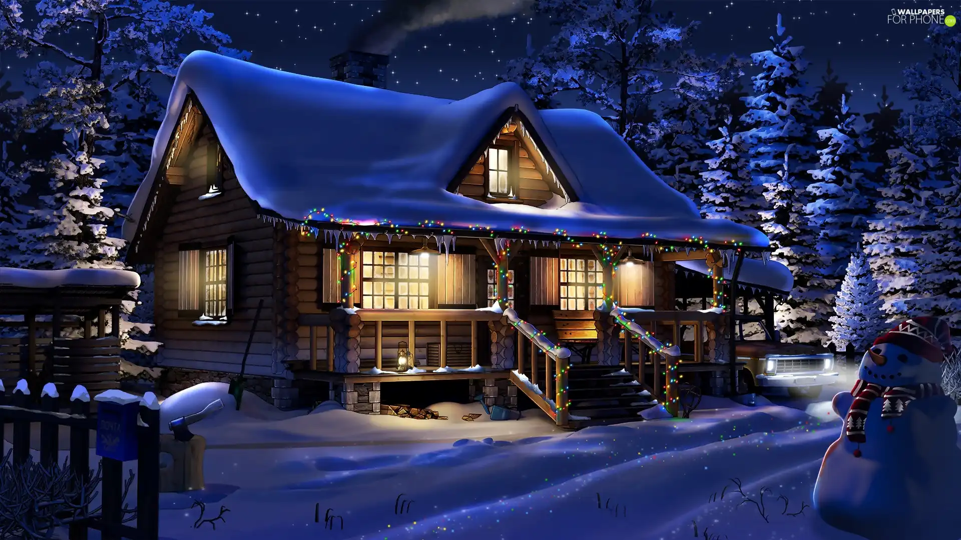 house, festively decorated, Snowman, snow, viewes, Floodlit, winter, trees
