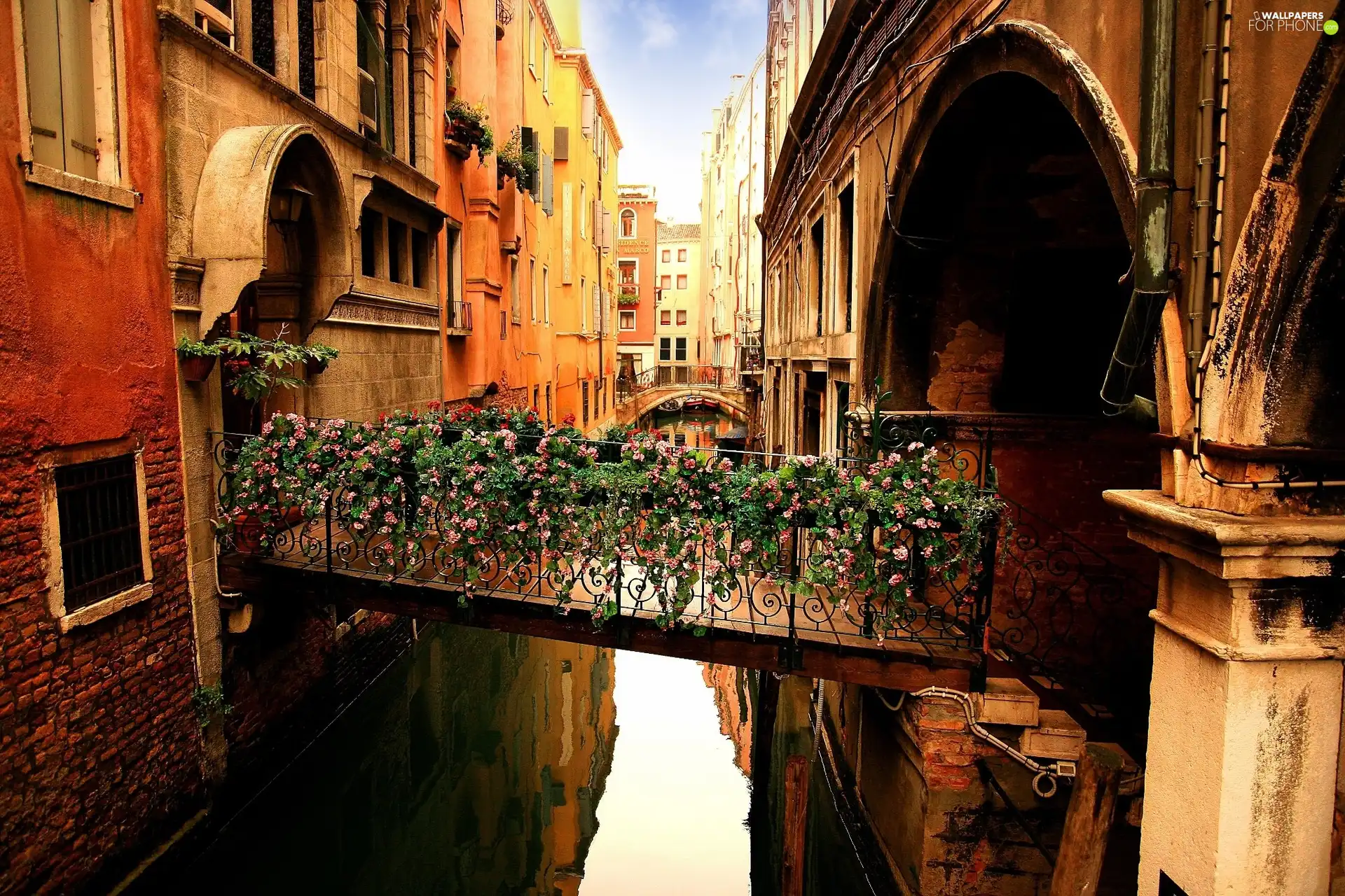 bridges, canal, Houses, Flowers