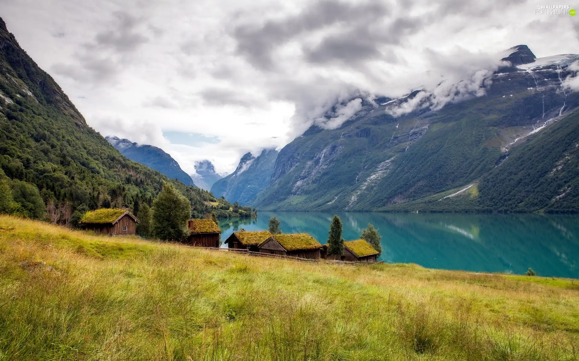 lake, clouds, Houses, Mountains
