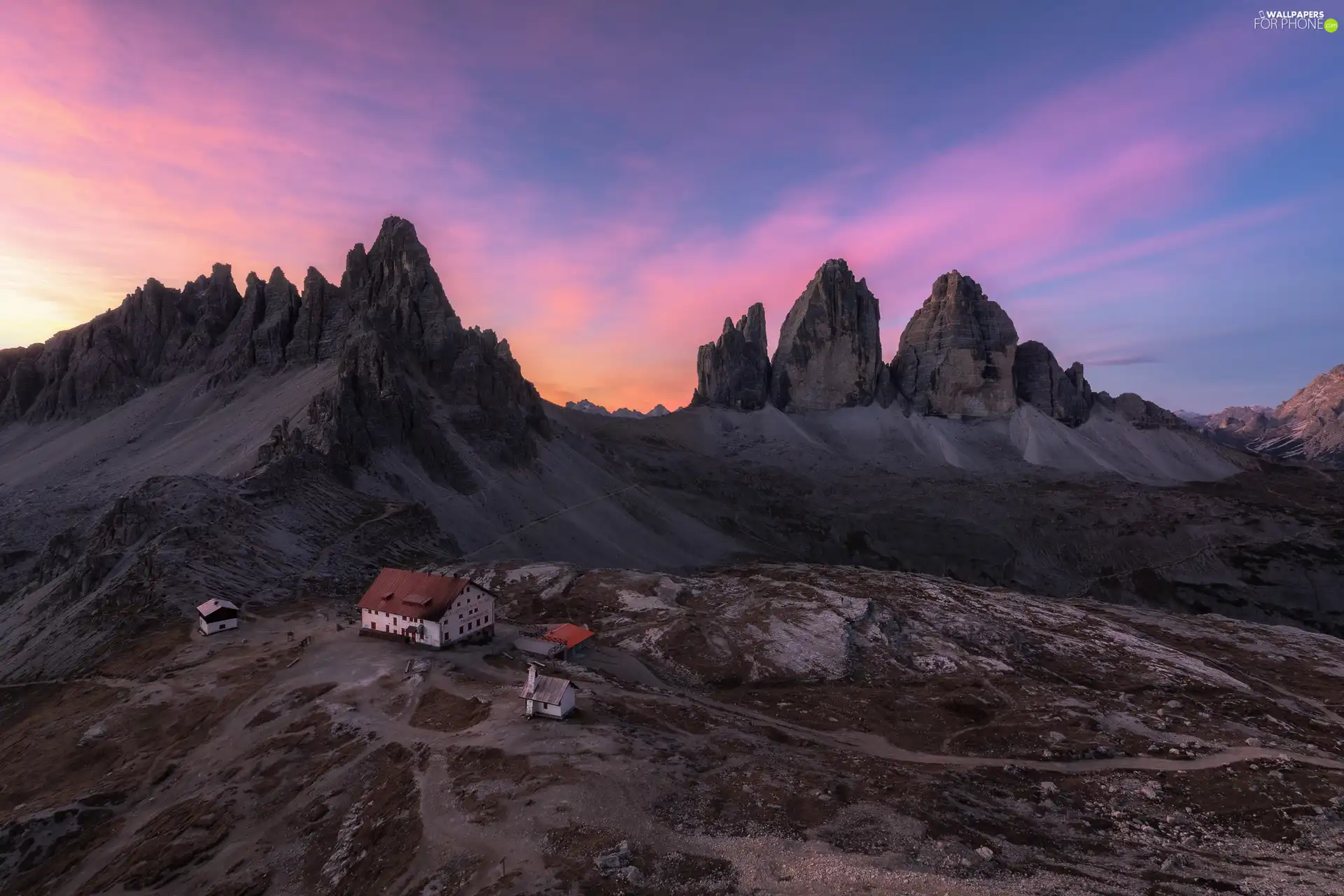 Valley, Tre Cime di Lavaredo, Province of Belluno, Houses, Dolomites Mountains, Great Sunsets, Italy