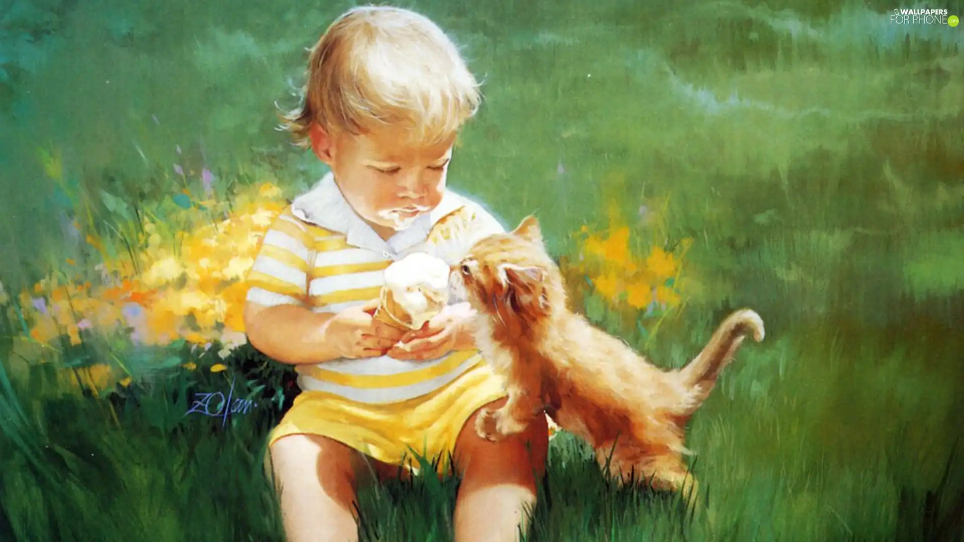 grass, Donald Zolan, kitten, ice cream, Kid