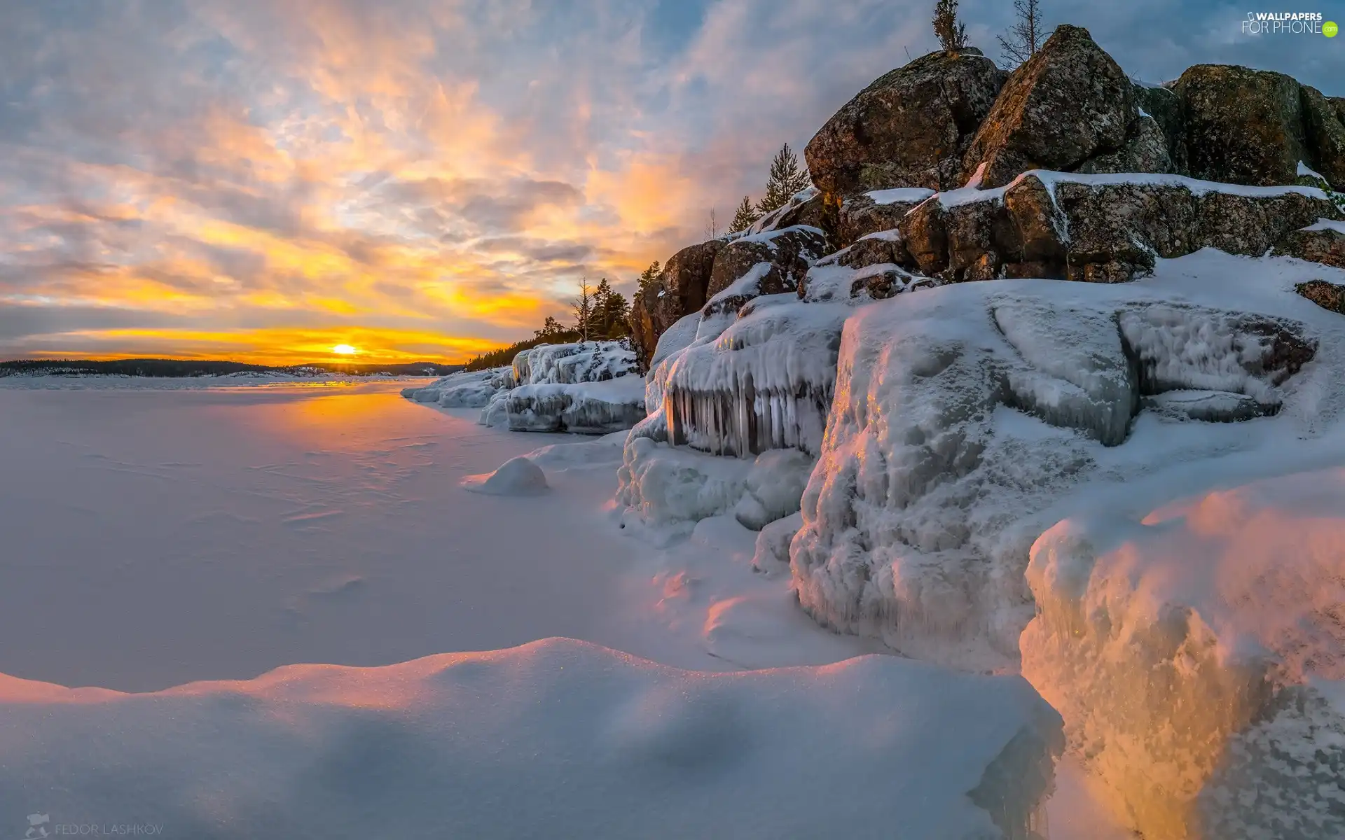 Icecream, icy, Russia, rocks, Karelia, Lake Ladoga, winter, Great Sunsets