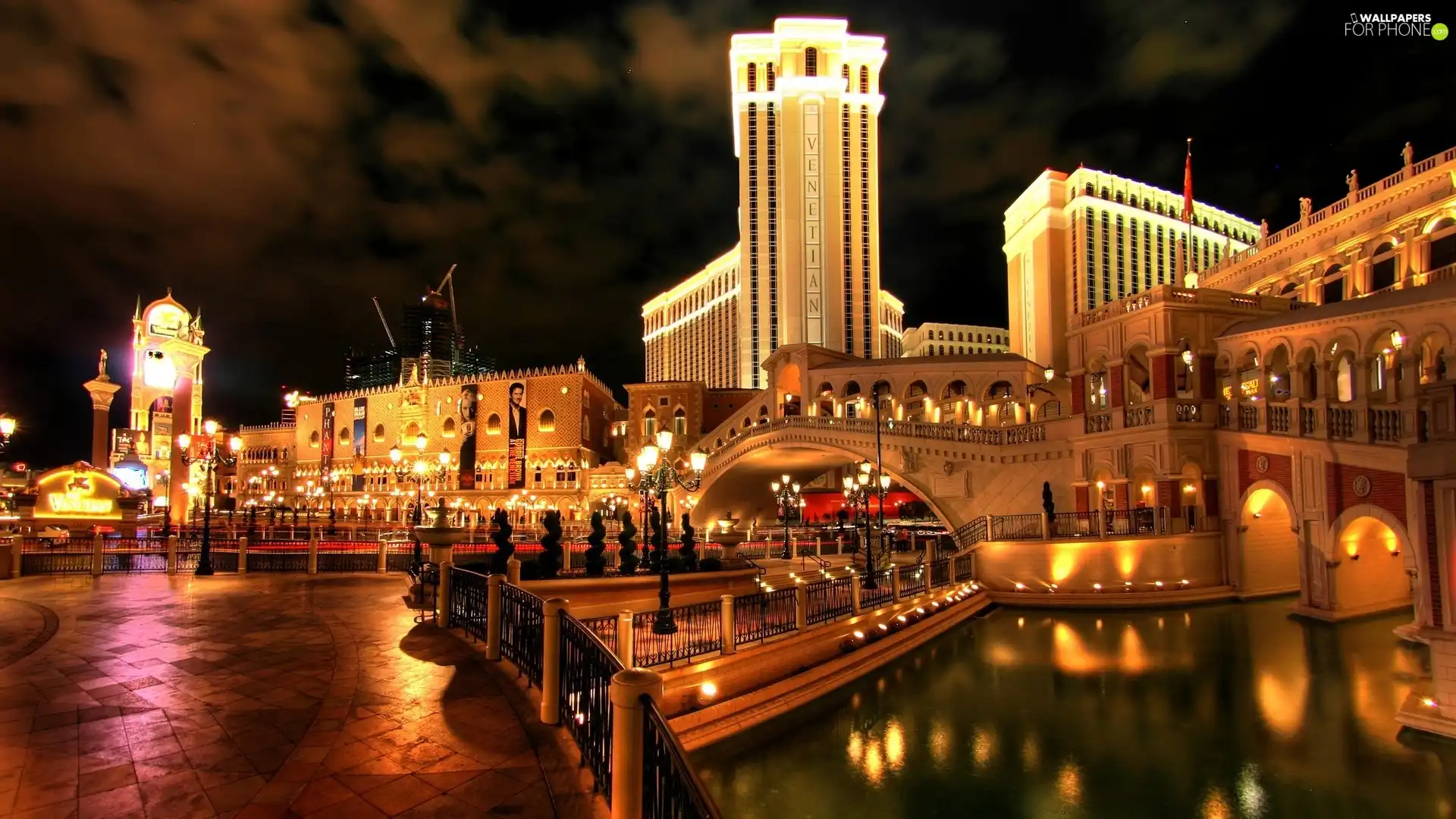 Hotel hall, Night, North America, illuminated, Town, Venetian, Las Vegas