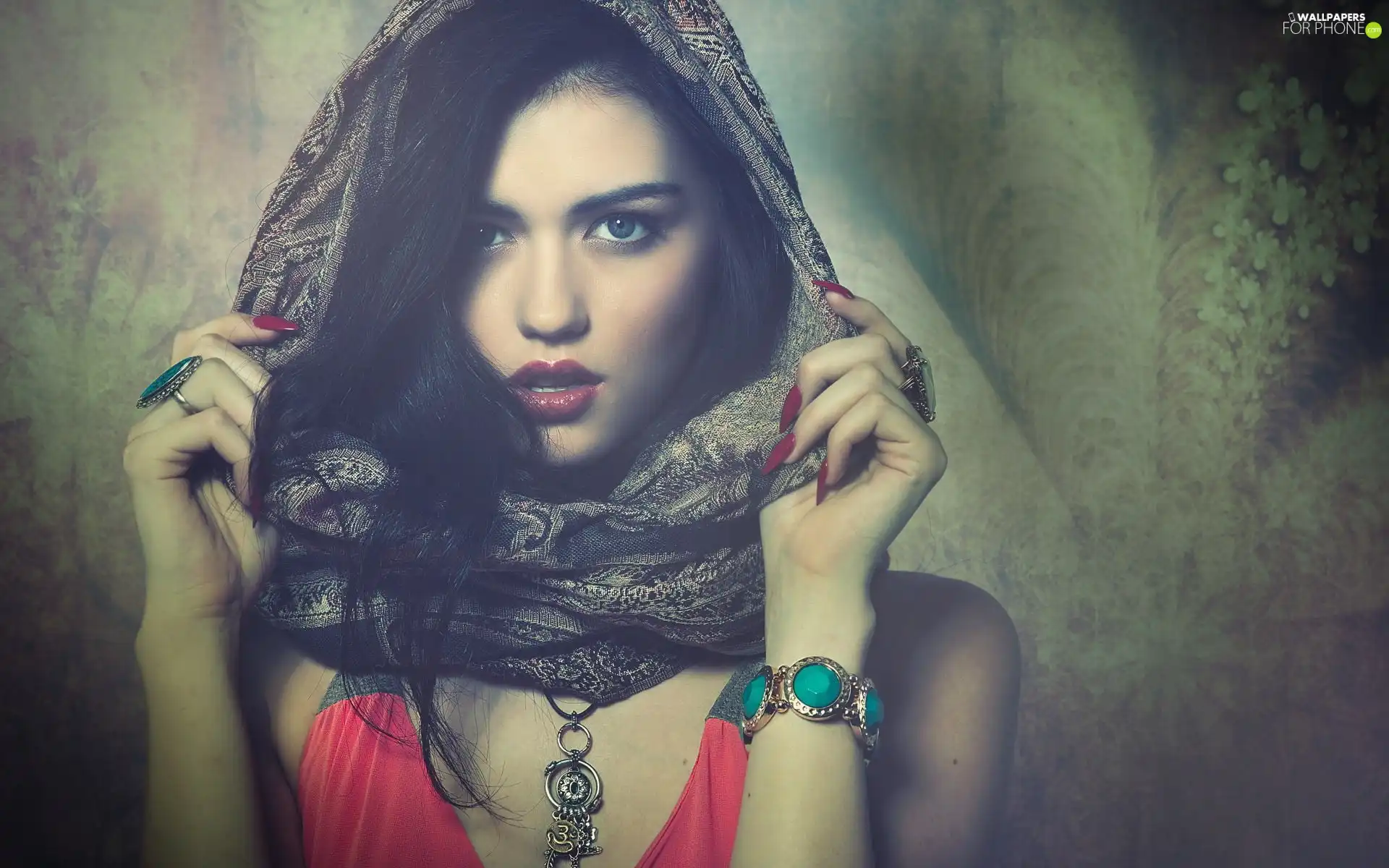 jewellery, shawl, girl, make-up, Mysterious