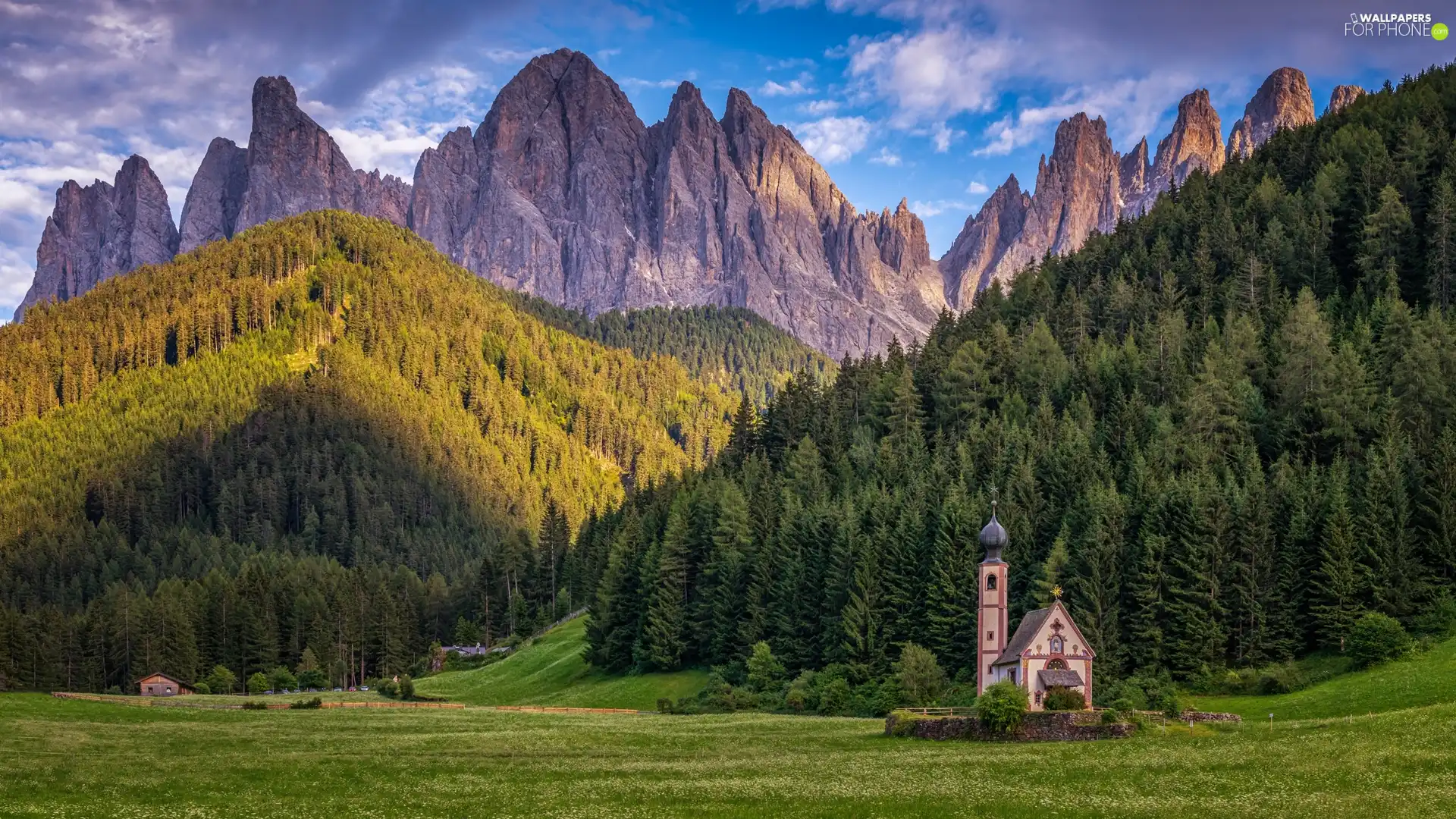 Dolomites, Val di Funes Valley, Church of St. John, Mountains, Italy, Massif Odle, clouds