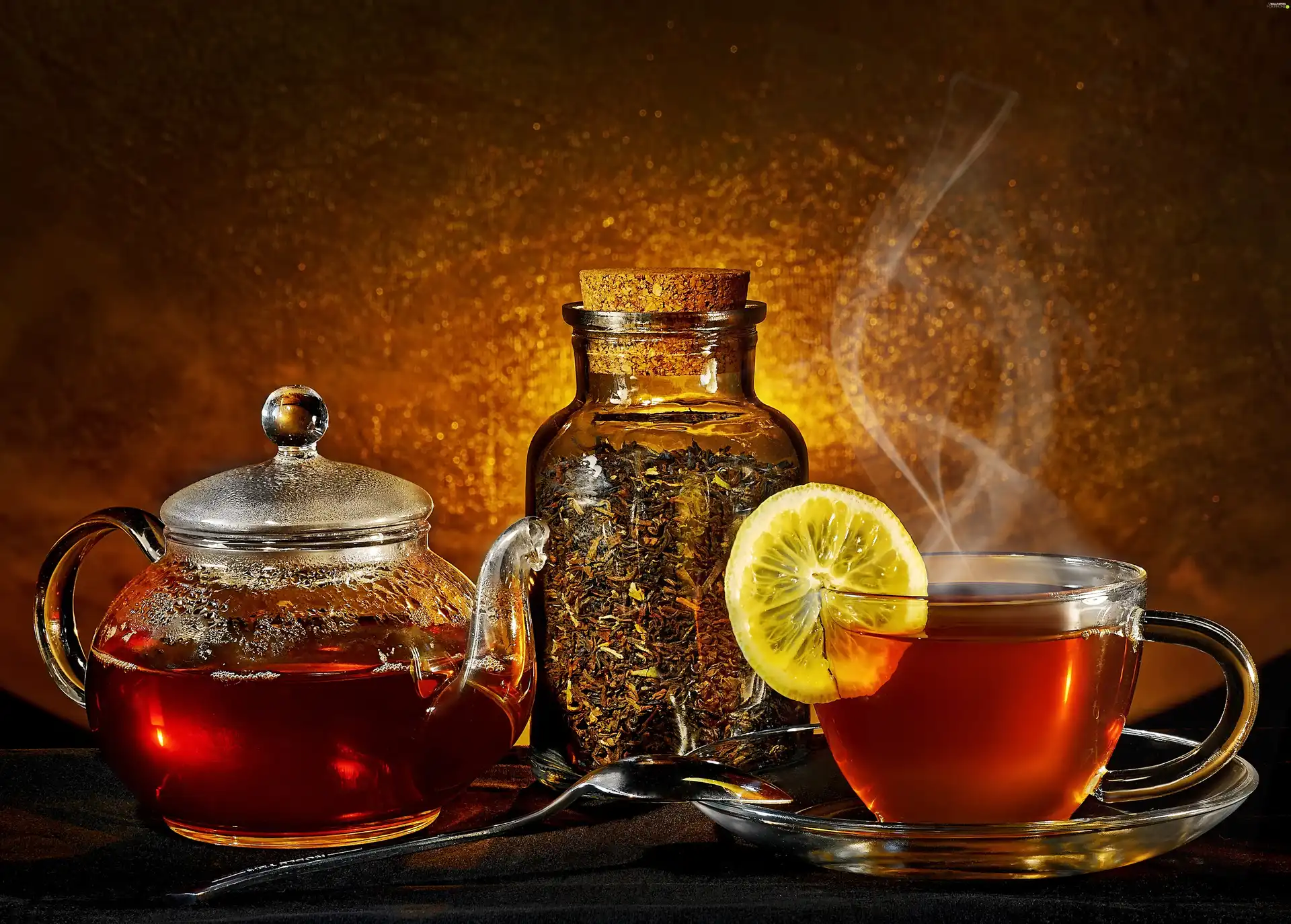 jug, cup, tea, Lemon, hot