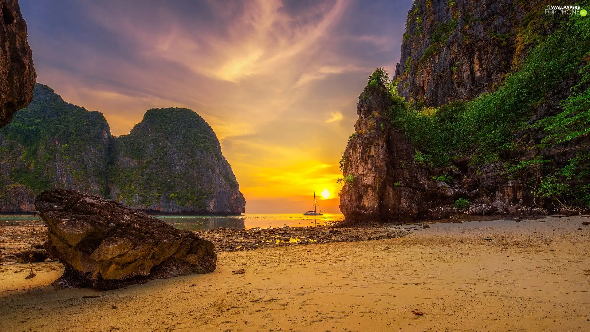 VEGETATION, Yacht, rocks, Krabi Province, Beaches, sea, Ko Phi Phi Island, Thailand, Great Sunsets, coast