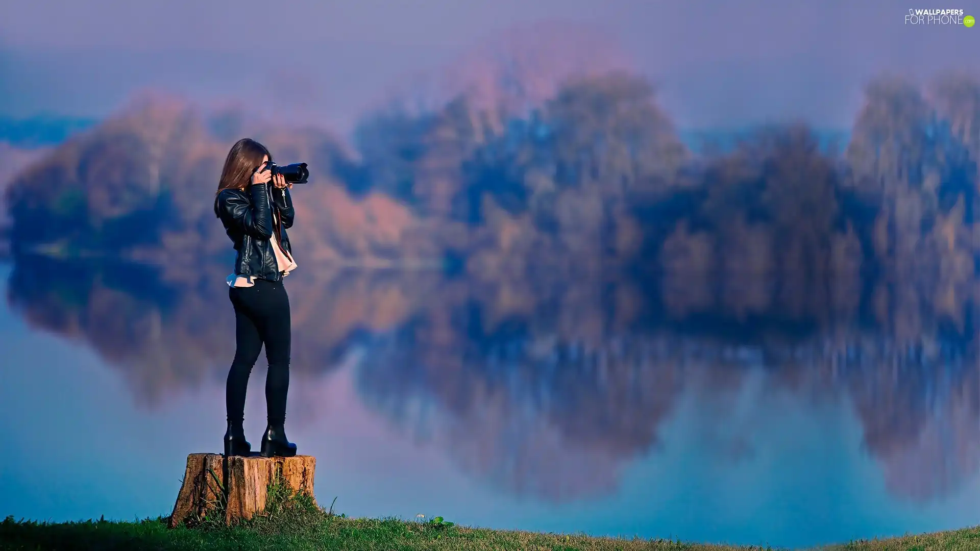 girl, Camera, lake, Photographing