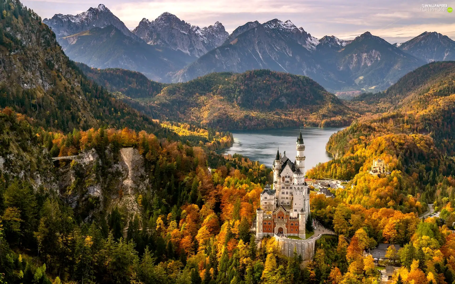 viewes, Bavaria, Neuschwanstein Castle, Mountains, autumn, Germany, Schwangau, Alps, Lake Alpsee, trees