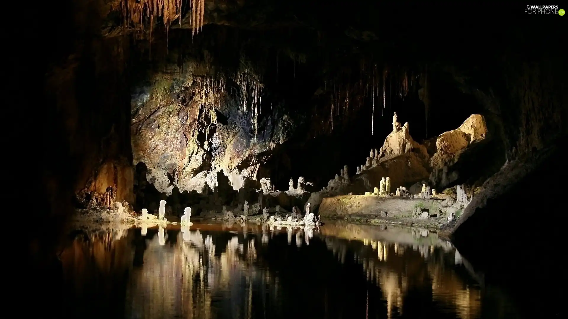 lake, cave, rocks