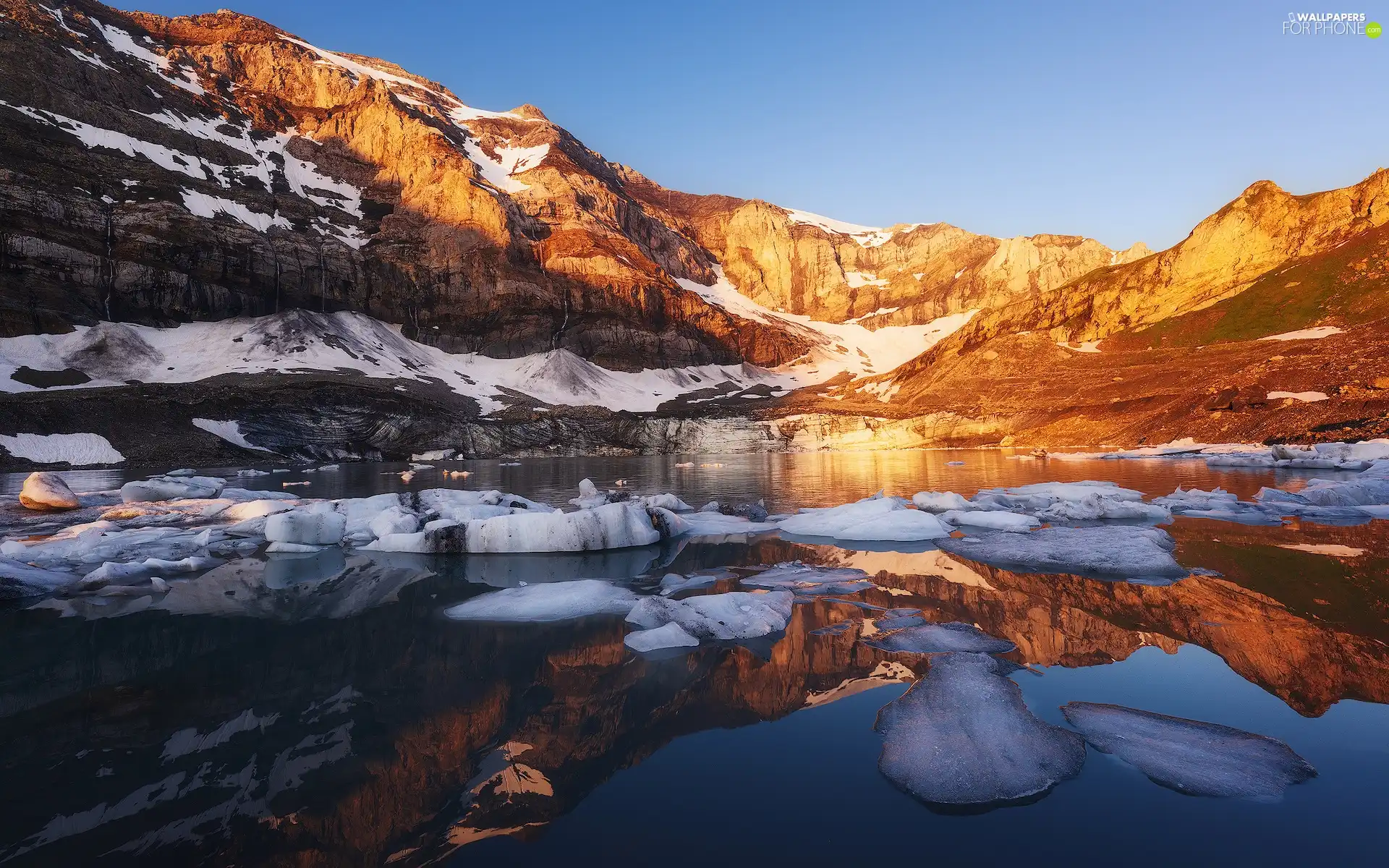 reflection, lake, rocks, snow, Mountains