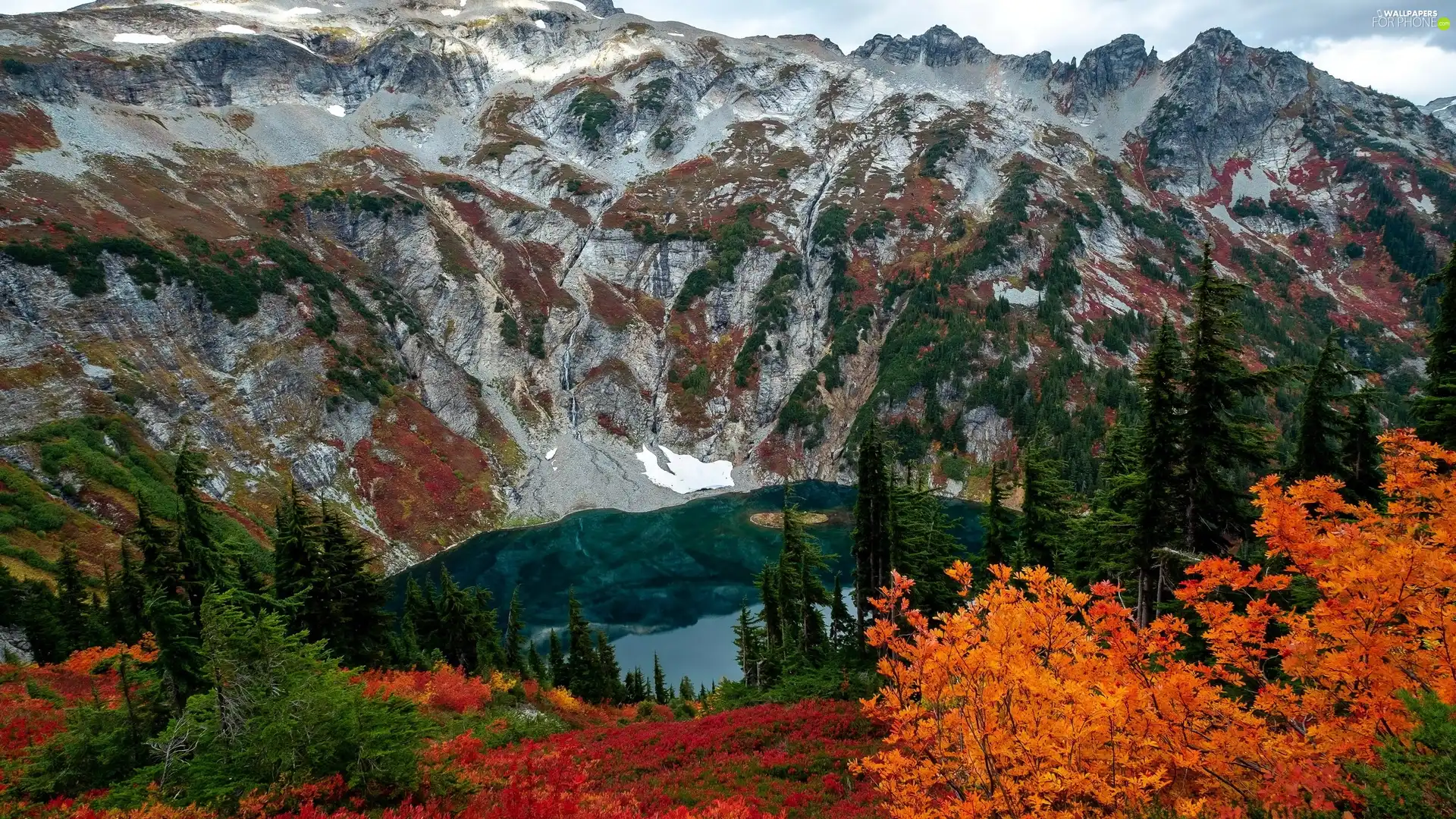 trees, viewes, The United States, autumn, Washington State, lake, Mountains, North Cascades National Park