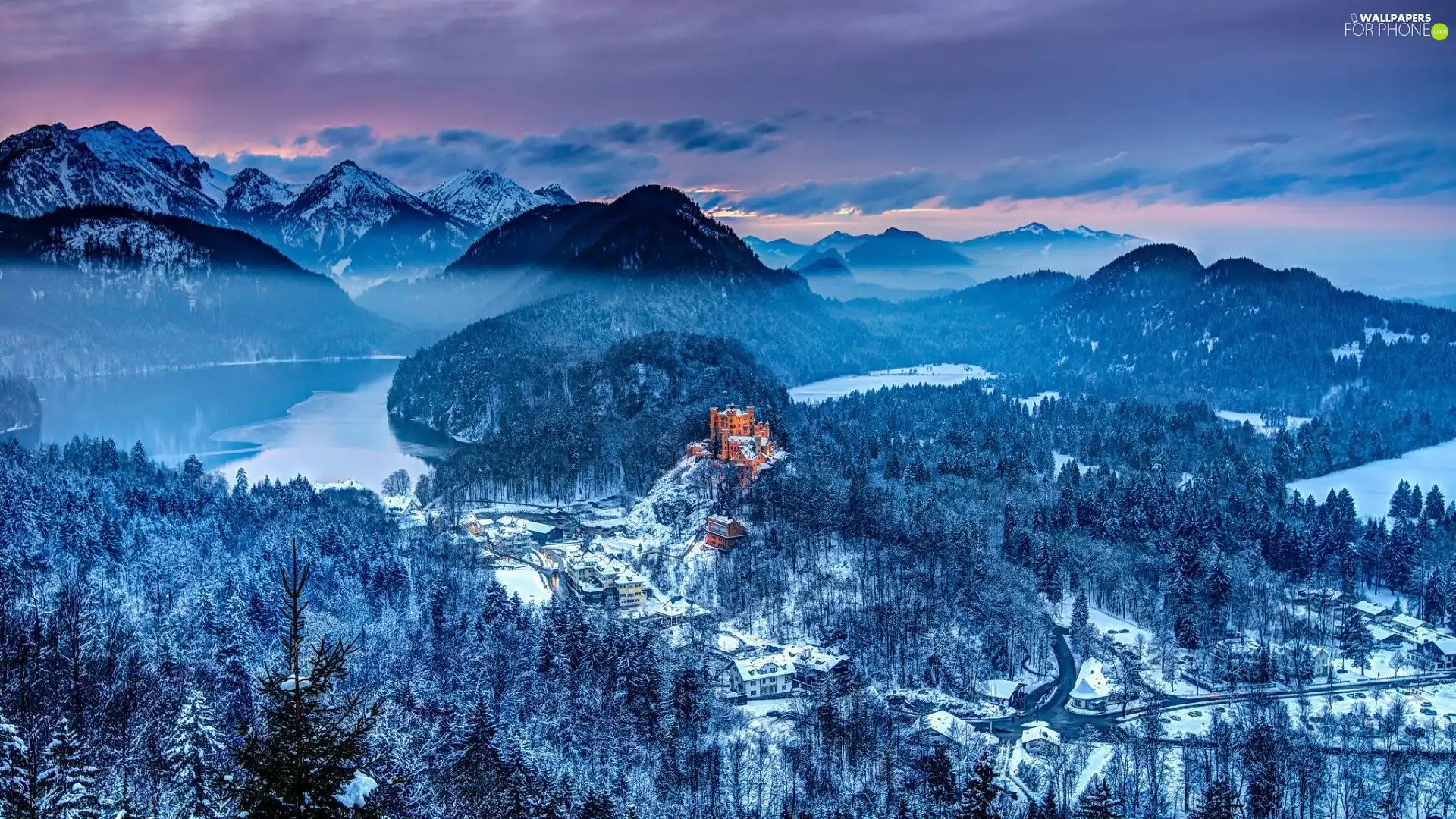 lakes, Castle, Mountains, woods, winter