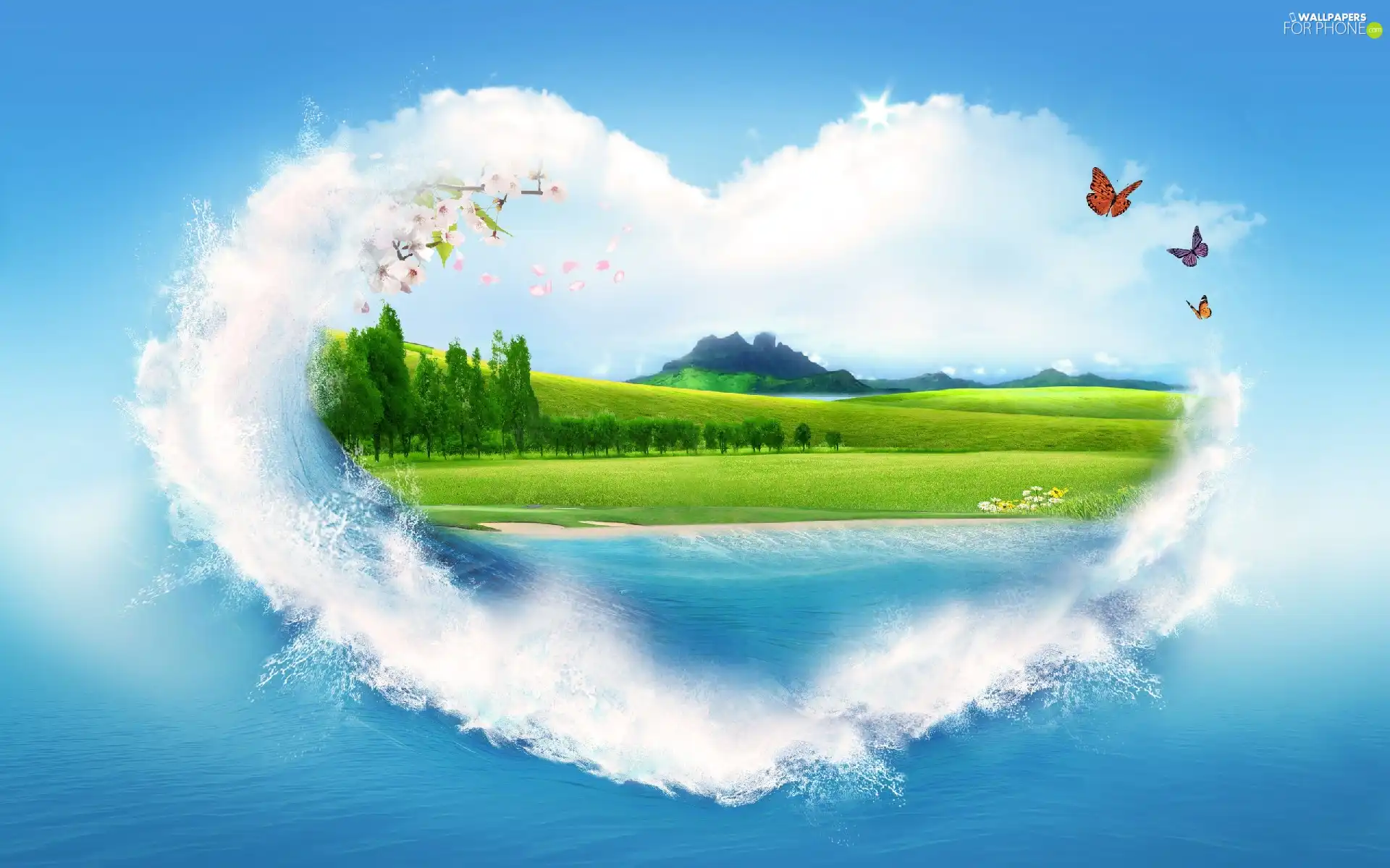 landscape, butterflies, clouds, Heart, graphics