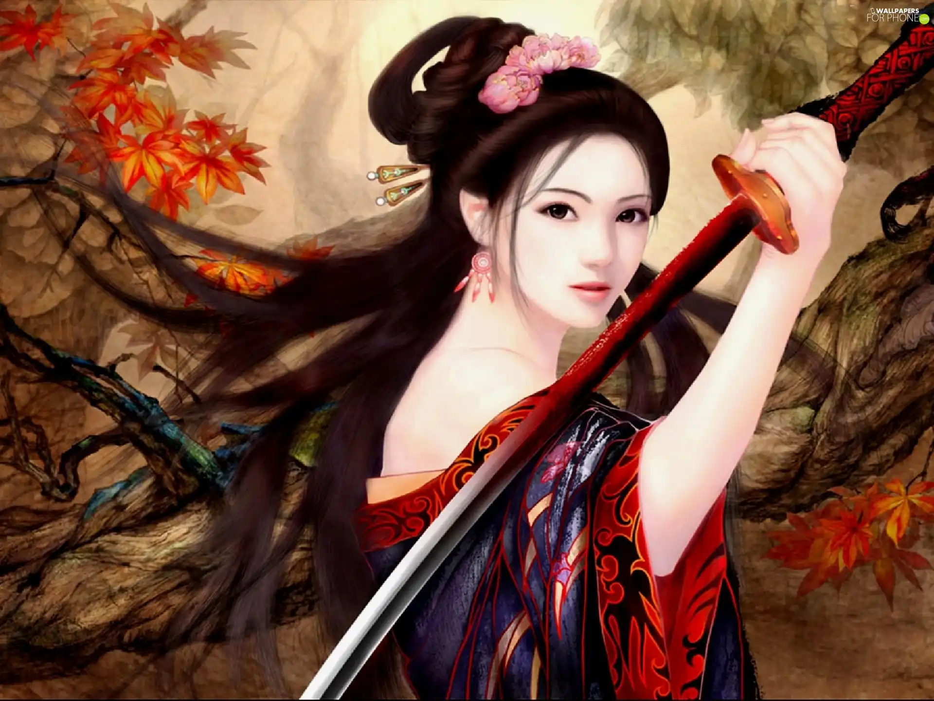 girl, sword, Leaf, kimono
