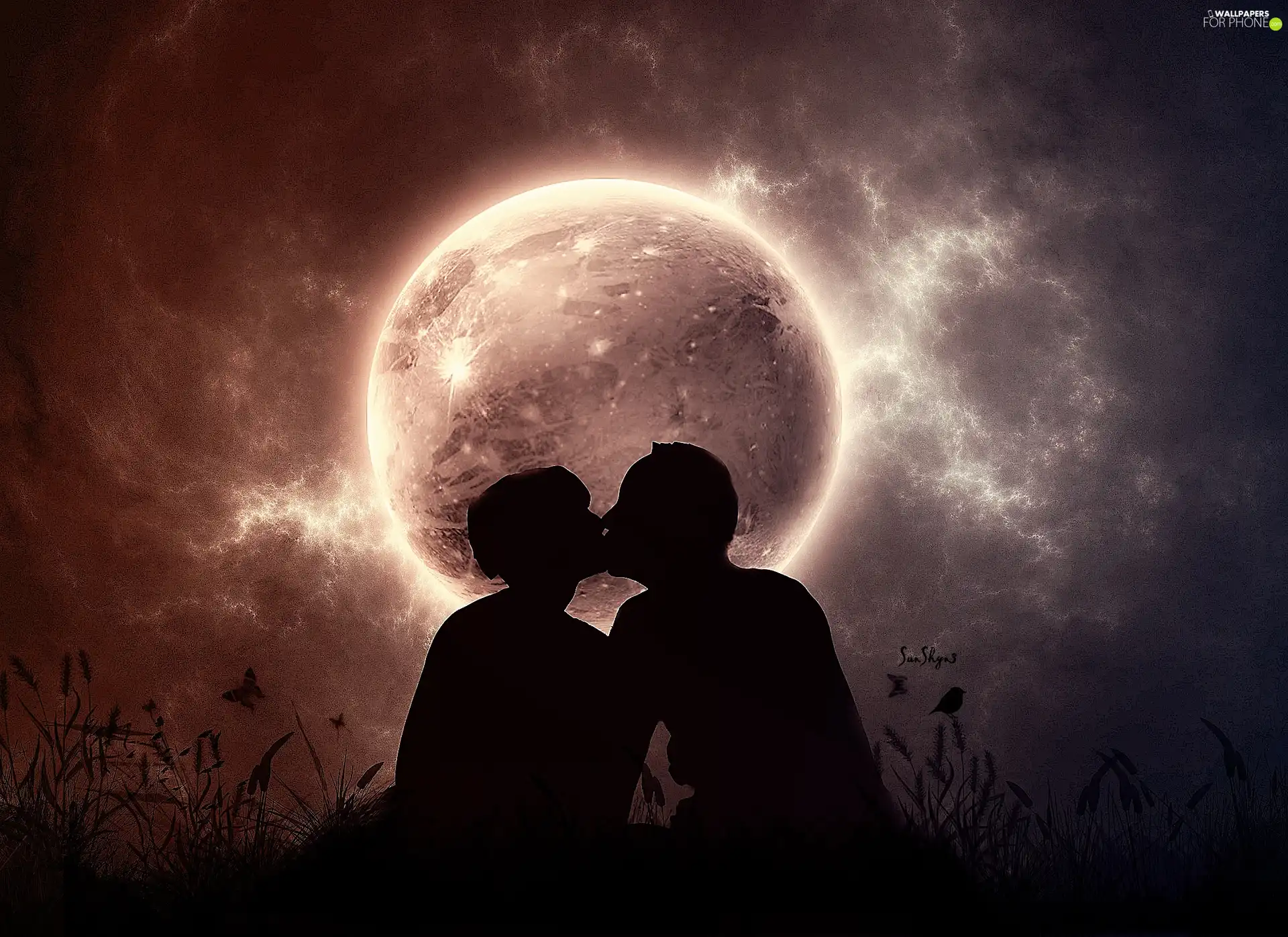 lovers, kiss, moon, Steam, Night