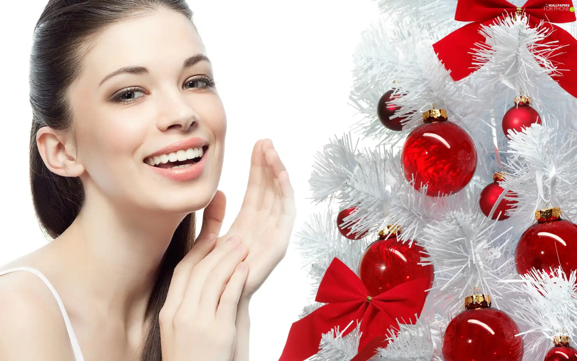 White, christmas tree, model, make-up, smiling