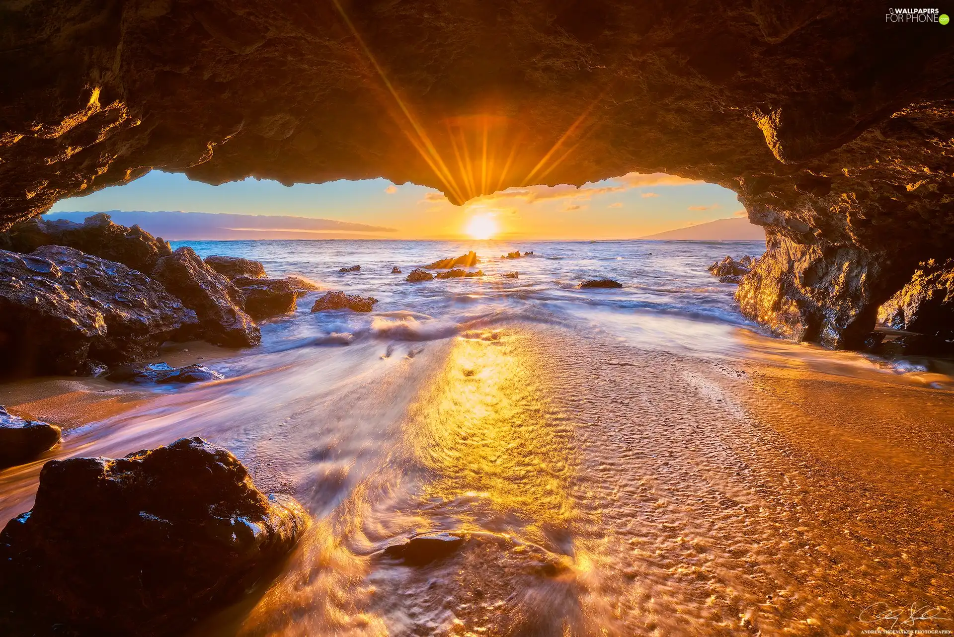 Pacific Ocean, Aloha State Hawaje, cave, Great Sunsets, rocks, Maui