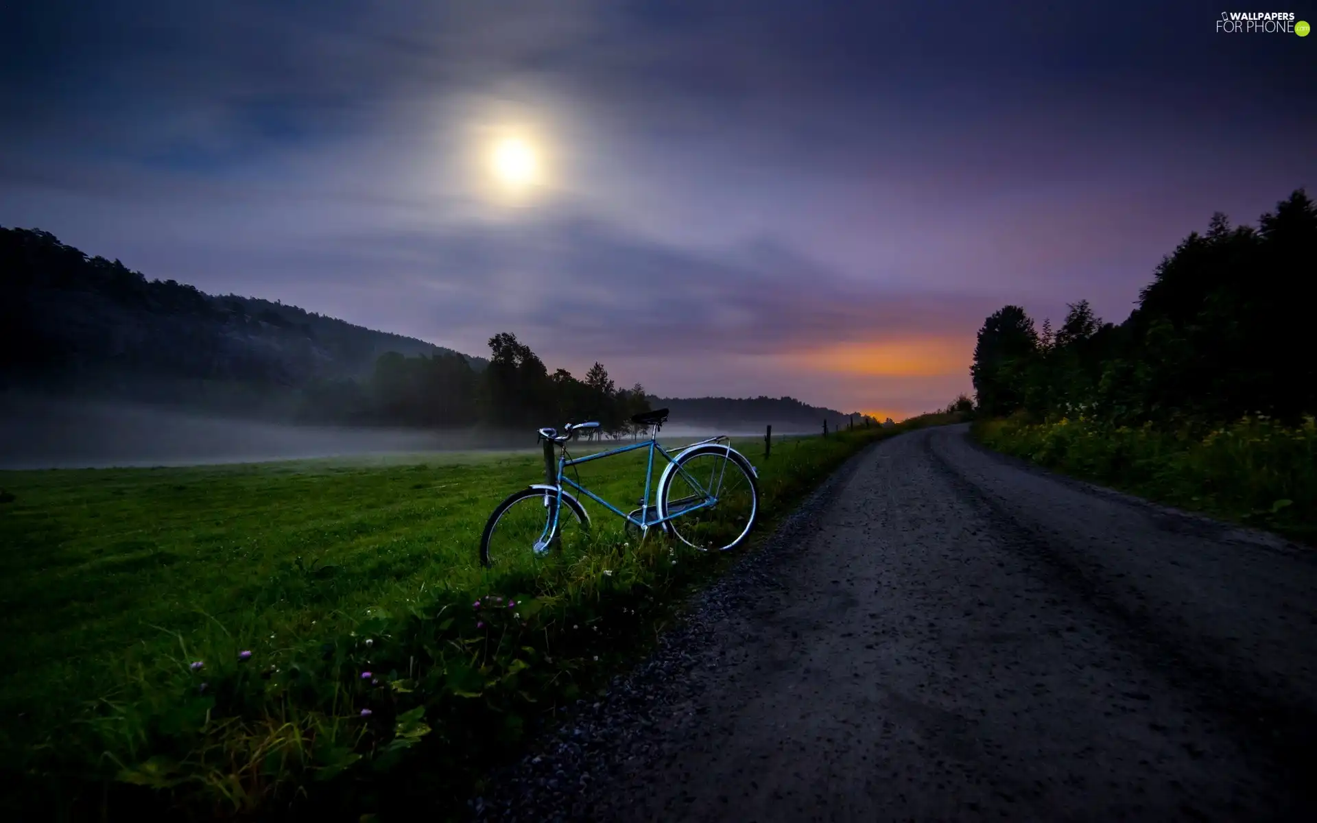 Bike, Fog, Moon, Way