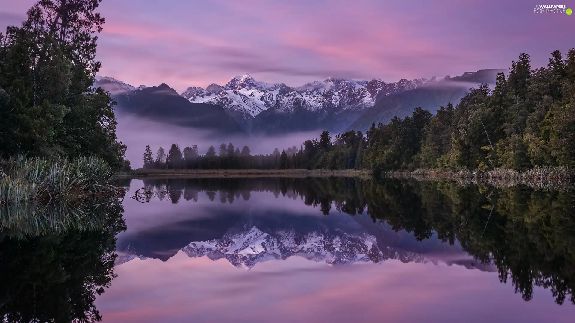Mountains, Mount Cook National Park, reflection, trees, Mount Cook, New Zeland, Fog, Matheson Lake, viewes