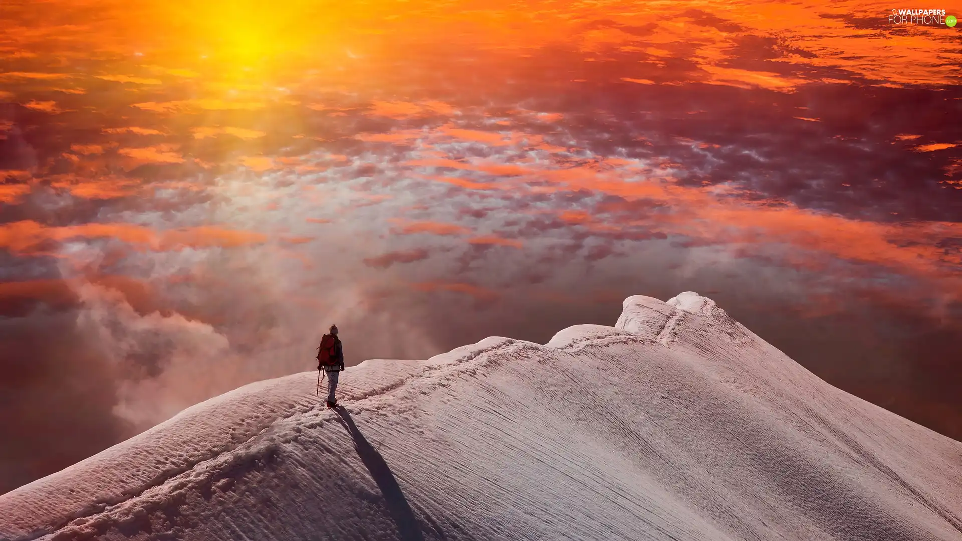 mountainous, Path, clouds, snow, Great Sunsets, mount, Mountains, Human