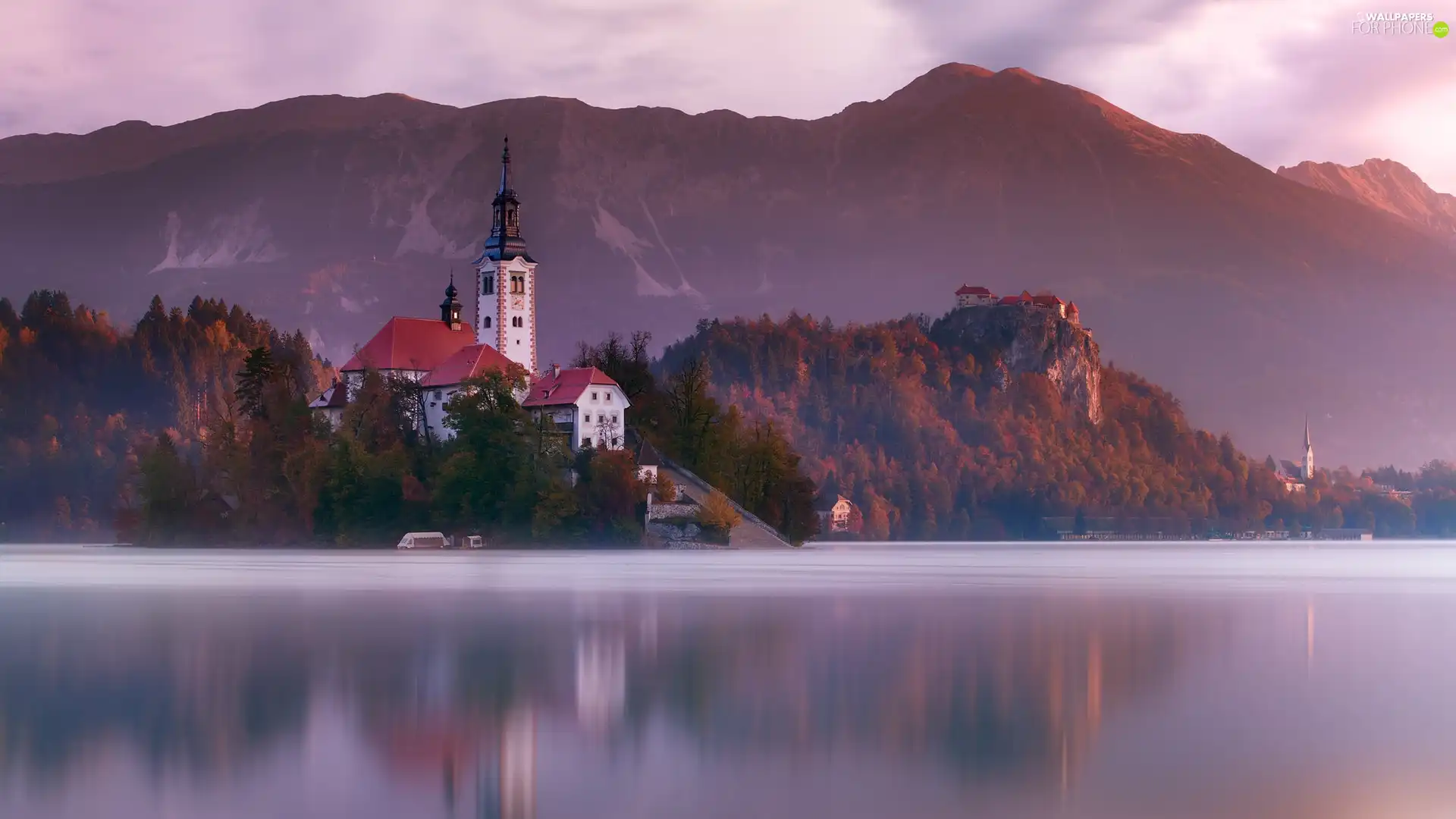 Church of the Annunciation of the Virgin Mary, Lake Bled, Julian Alps, Blejski Otok Island, Slovenia, Mountains, Great Sunsets