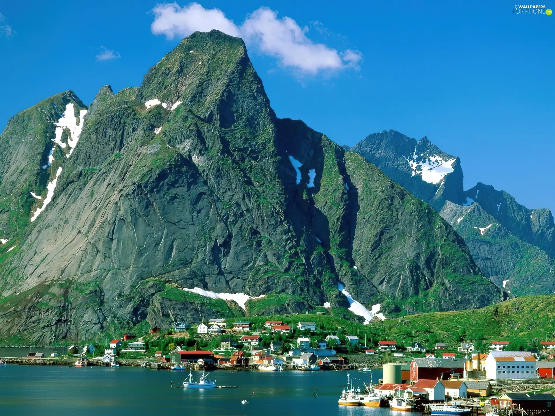 Norway, Reine, Mountains, Town