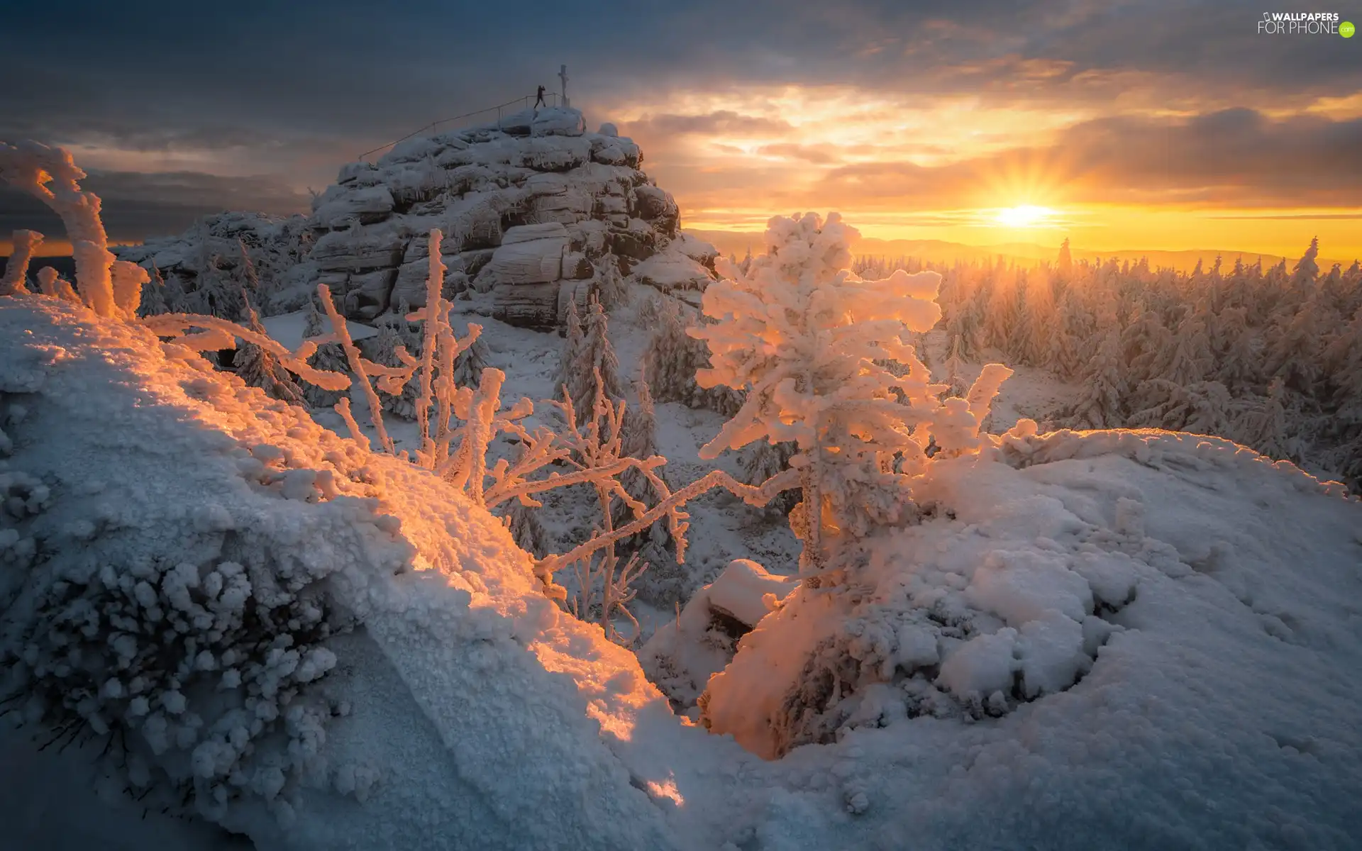 Mountains, winter, forest, Snowy, Sunrise, clouds, viewes, Rocks, trees