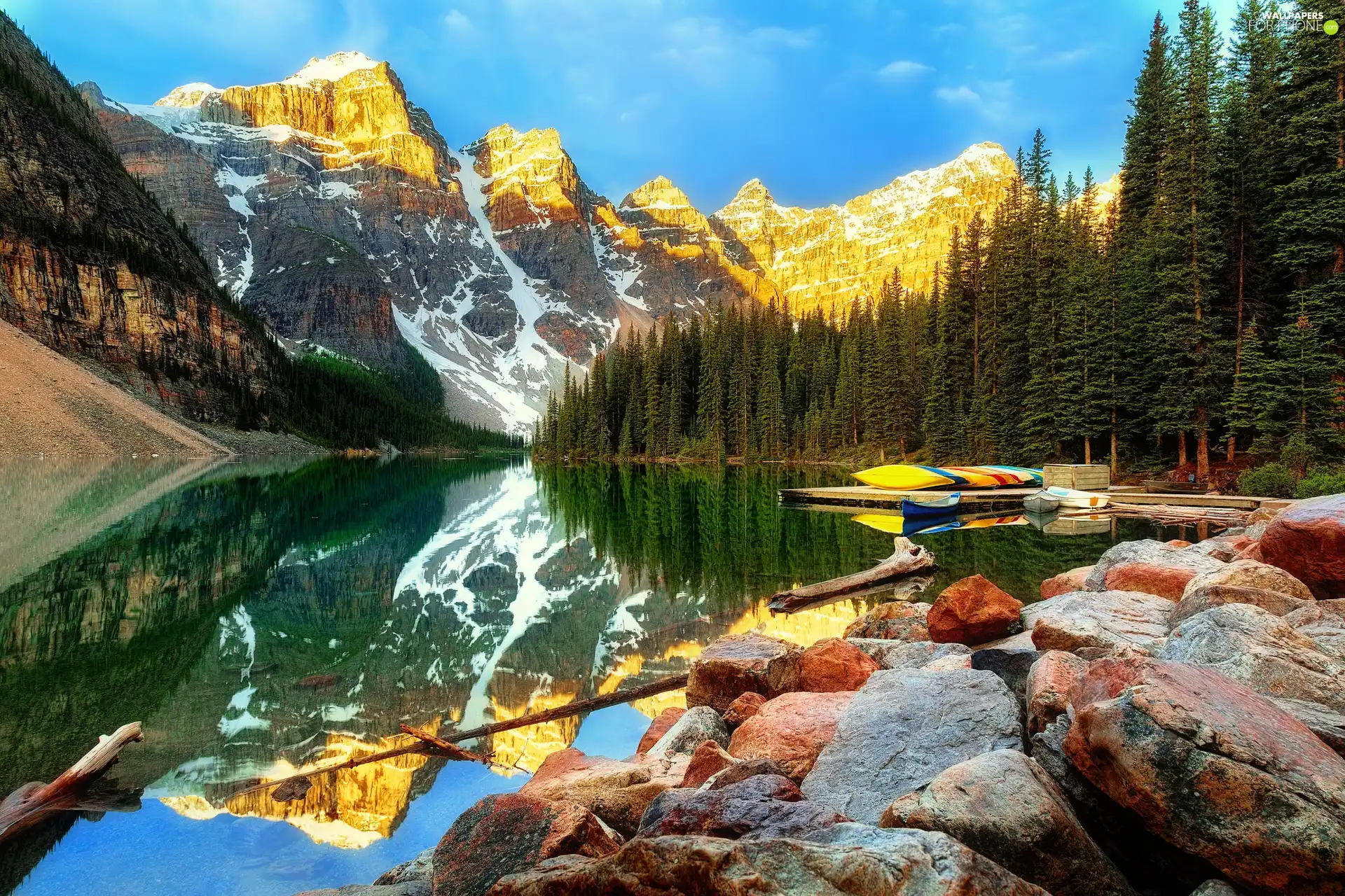 Province of Alberta, Canada, Banff National Park, Mountains, Stones, reflection, Lake Moraine, Valley of the Ten Peaks, forest