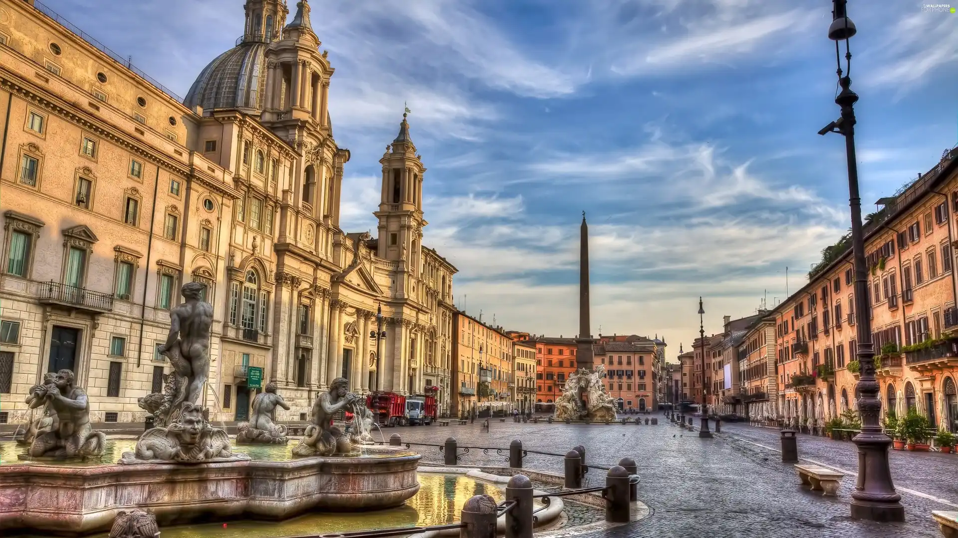 Navona Square, Italy, fountain, Monument, buildings, Rome