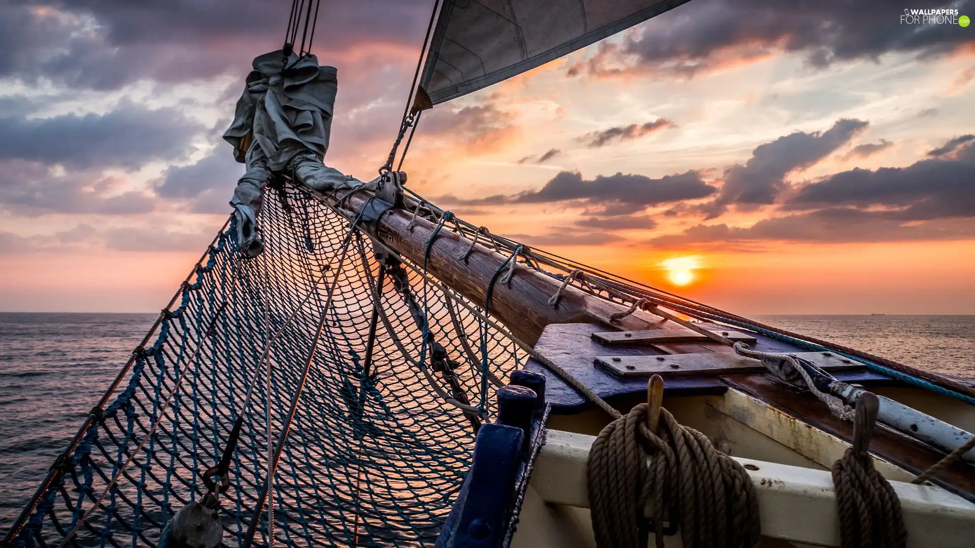 sea, Great Sunsets, net, sail, Ship