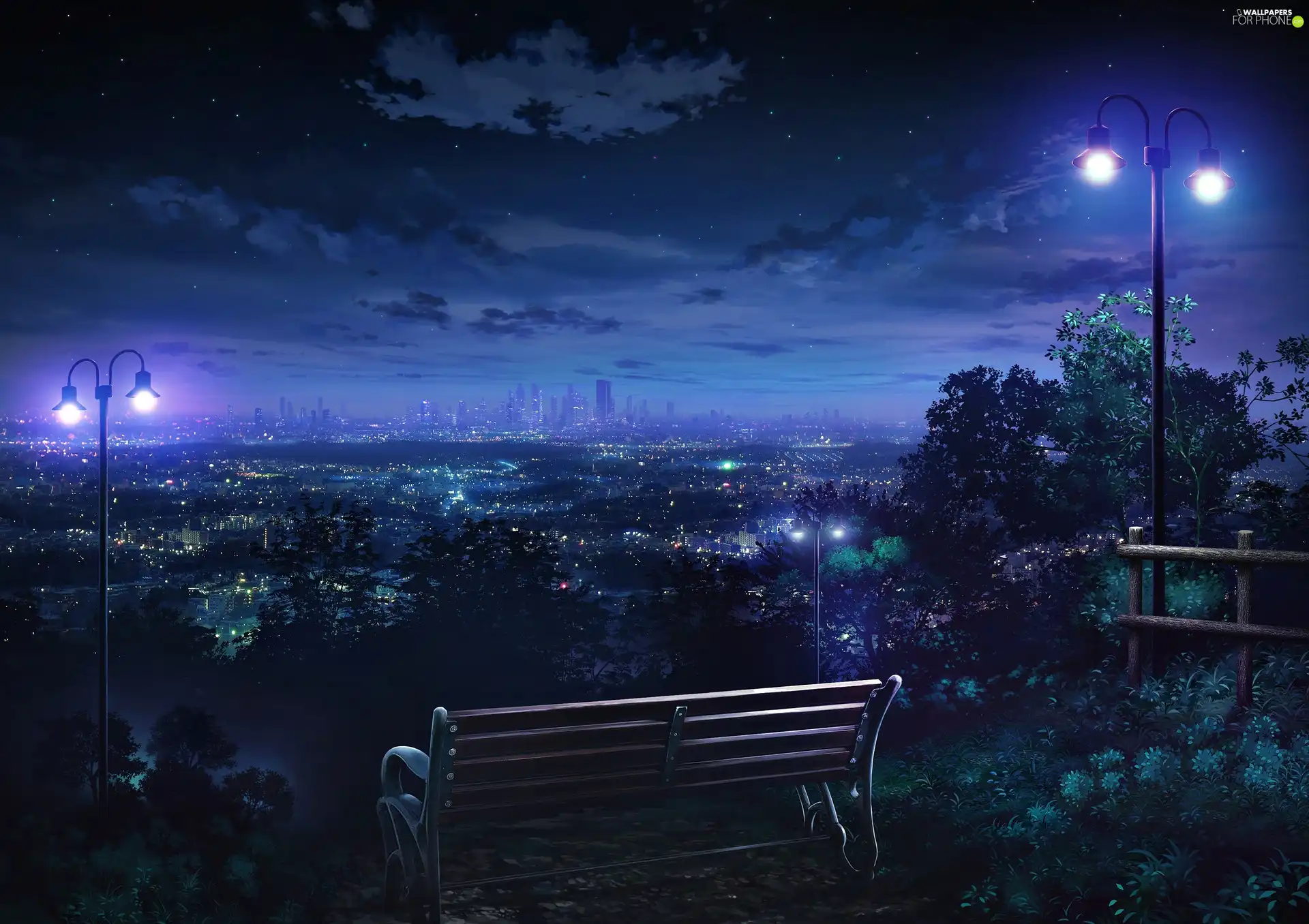Bench, Panorama of City, Night, light