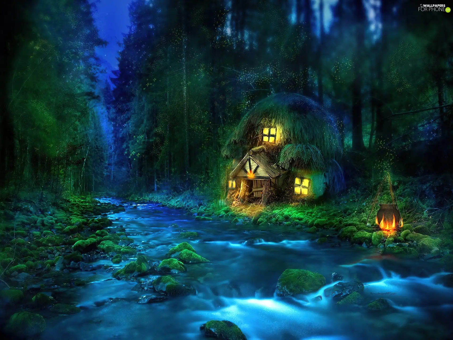 Night, fantasy, Home, water, forest