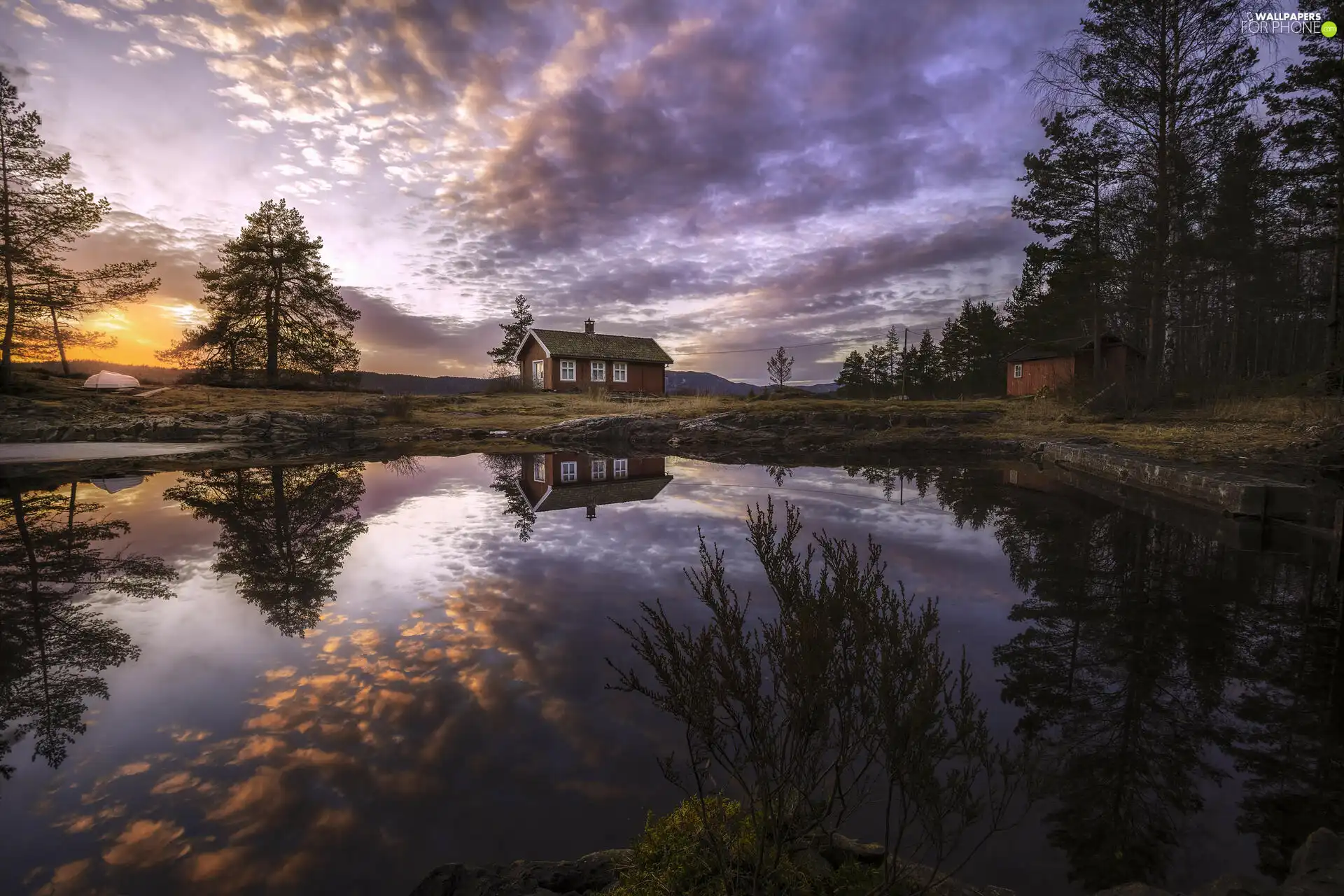 grass, Vaeleren Lake, trees, viewes, Ringerike, Norway, clouds, Great Sunsets, Houses