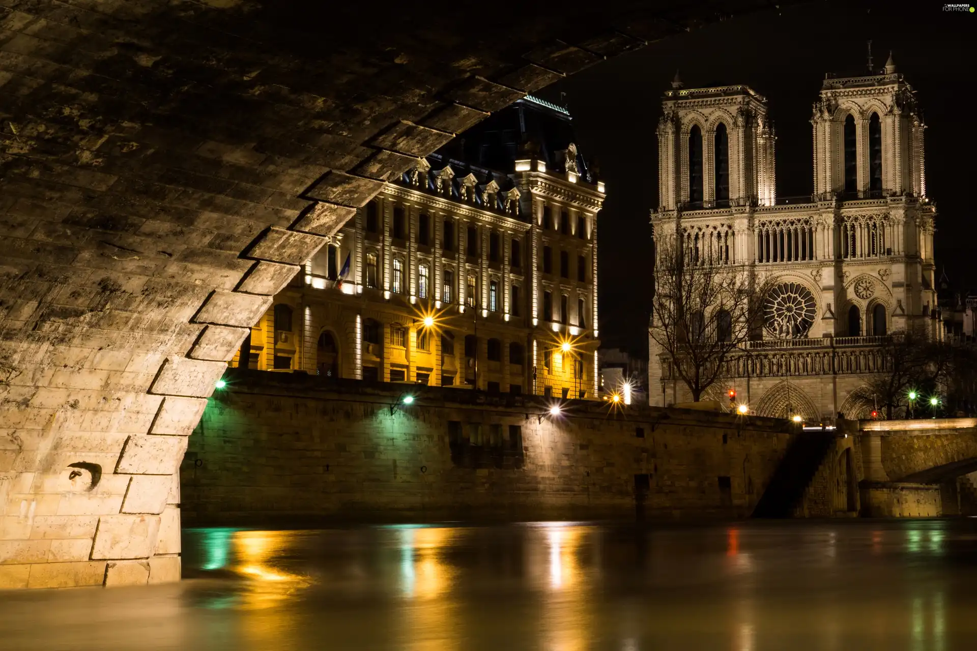 Notre Dame, Paris, River, Night, bridge, chair